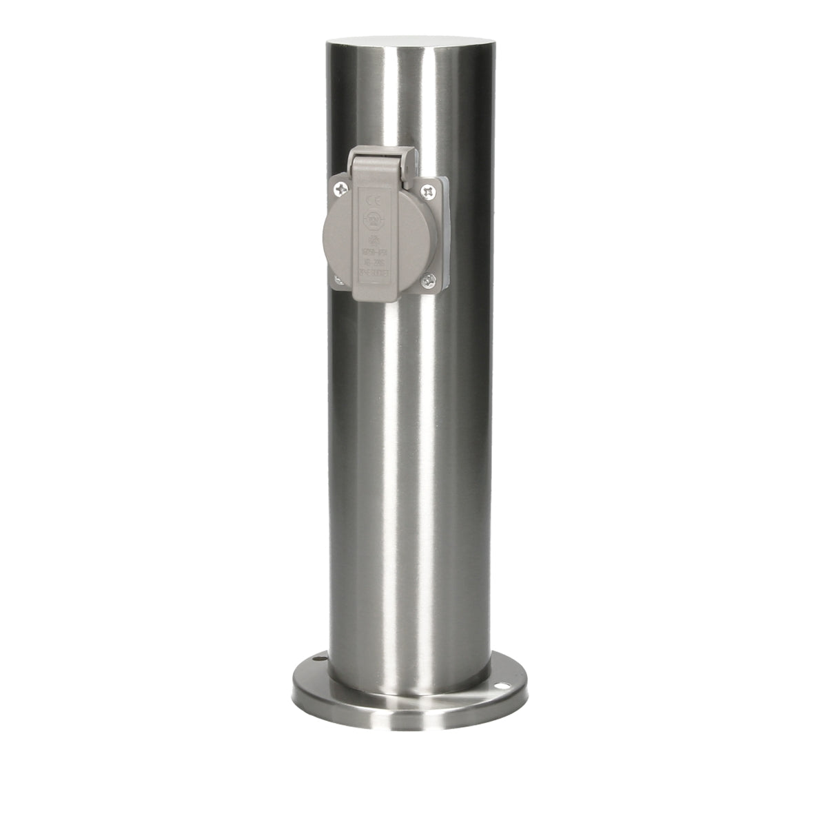 Columna de acero inoxidable con una tapa para un enchufe.