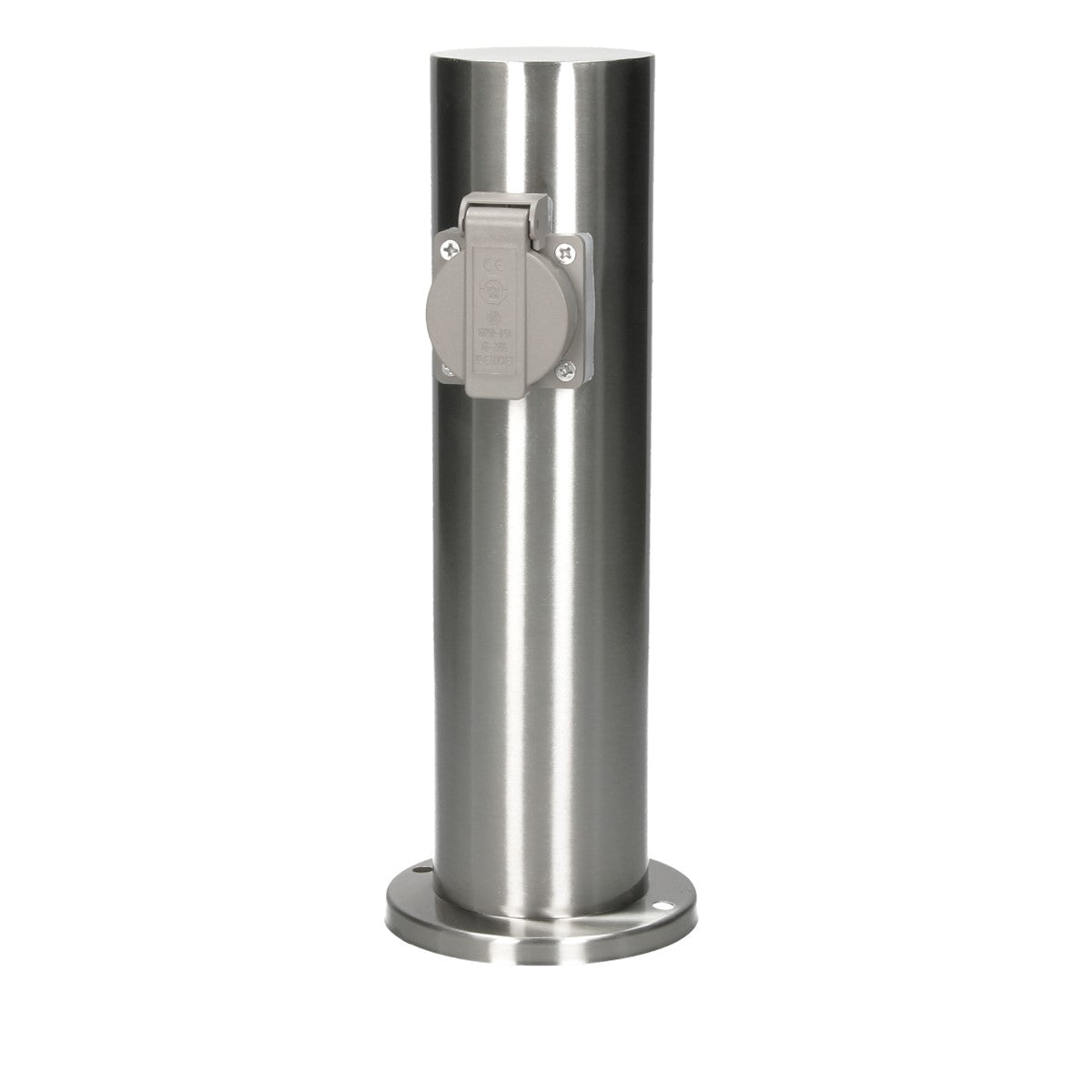 Stainless steel post with a cover for a power outlet.