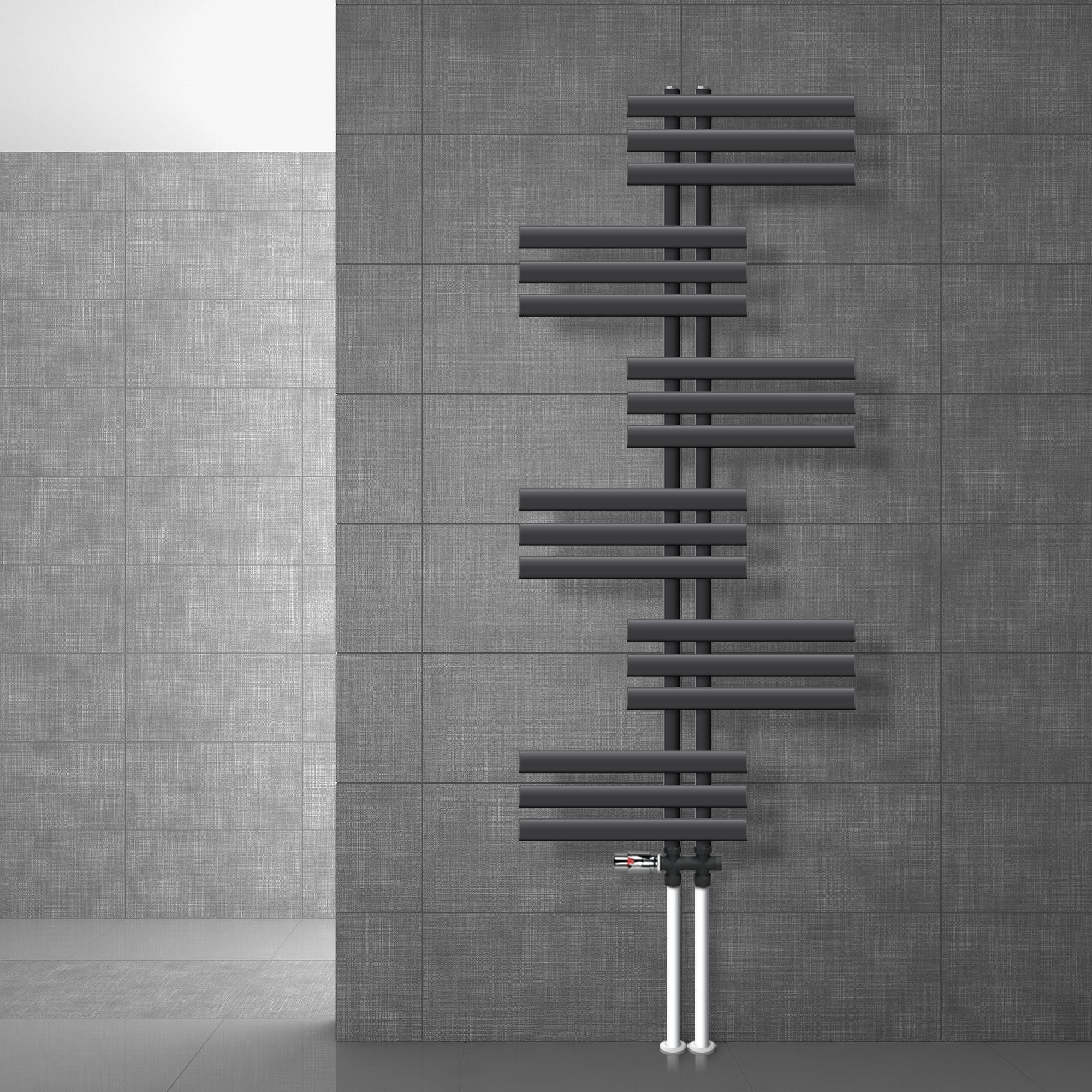Anthracite-colored radiator with several horizontal tubes.