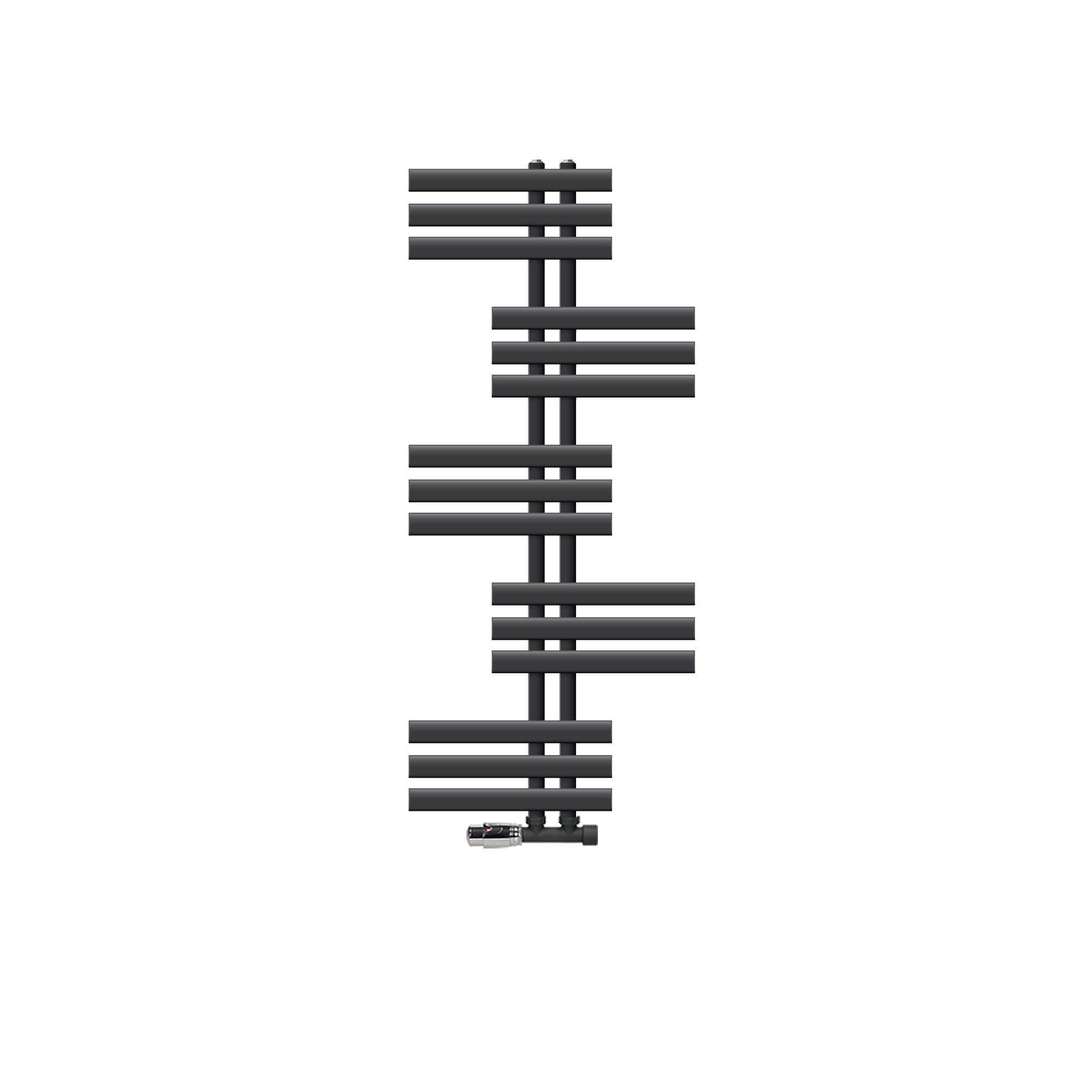 Anthracite towel radiator with horizontal pipes.