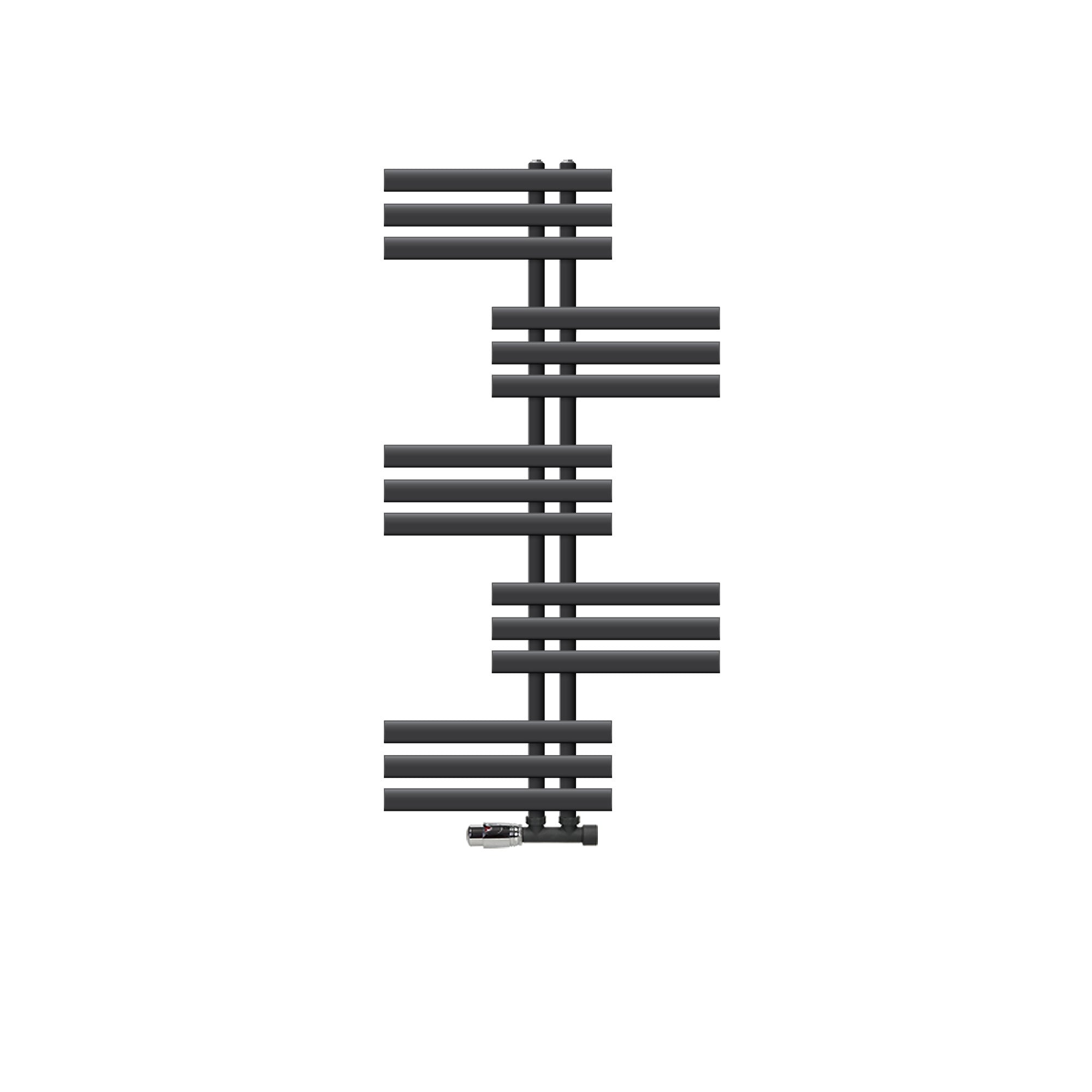 Antracietkleurige radiator aan een donkere muur.