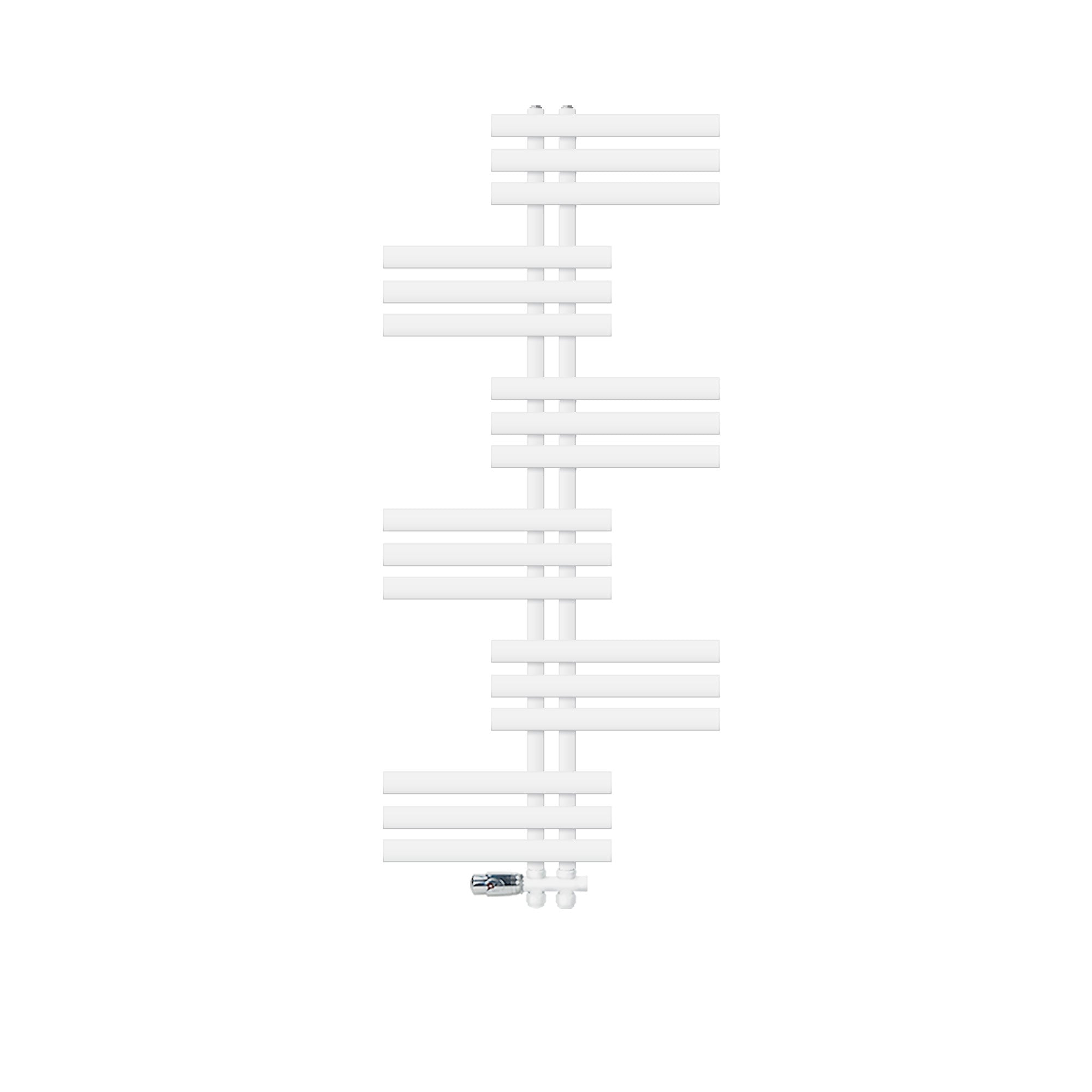 Witte handdoekradiator met horizontale buizen.