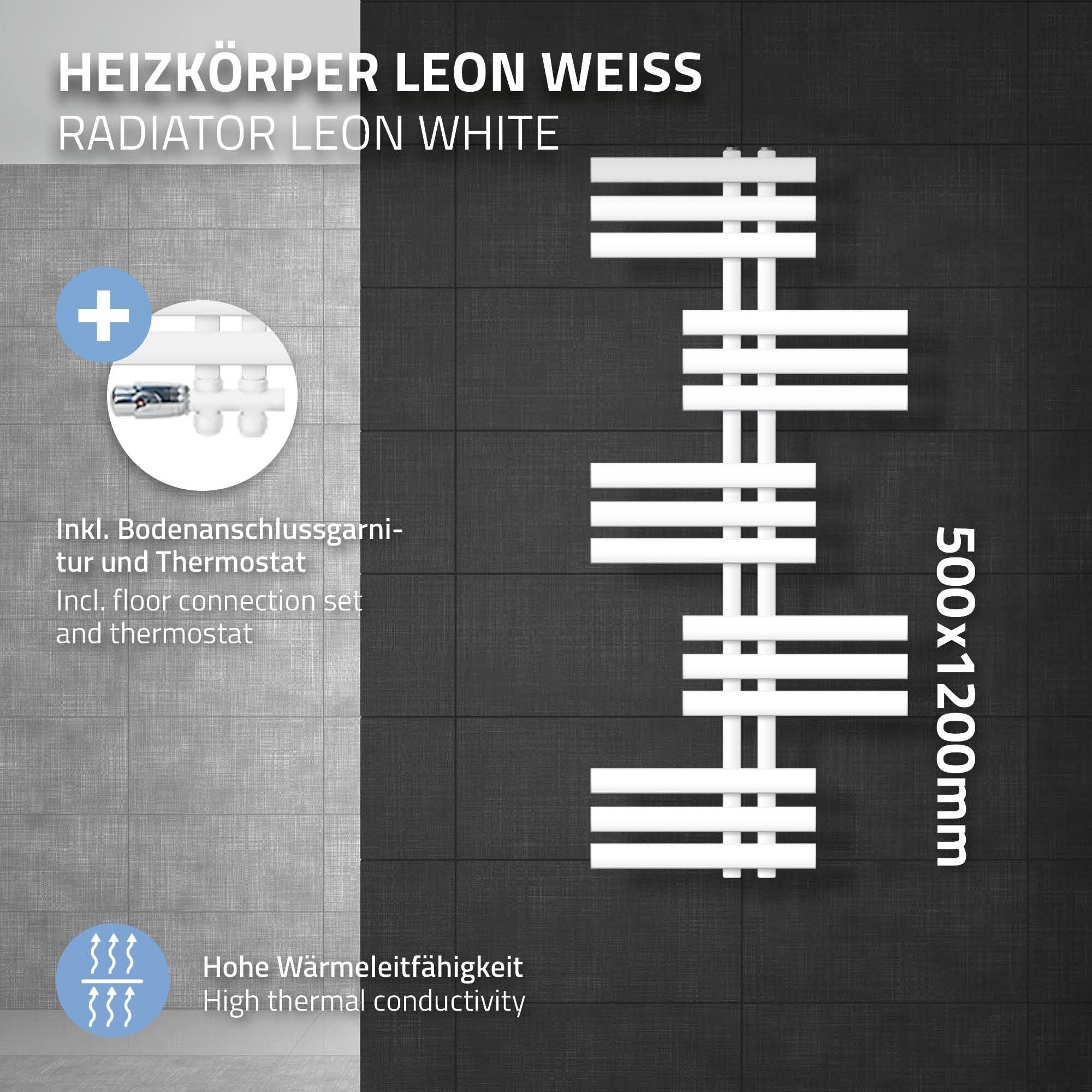 Radiator LEON WIT, 500x1200 mm, met thermostaat en vloeraansluitset.