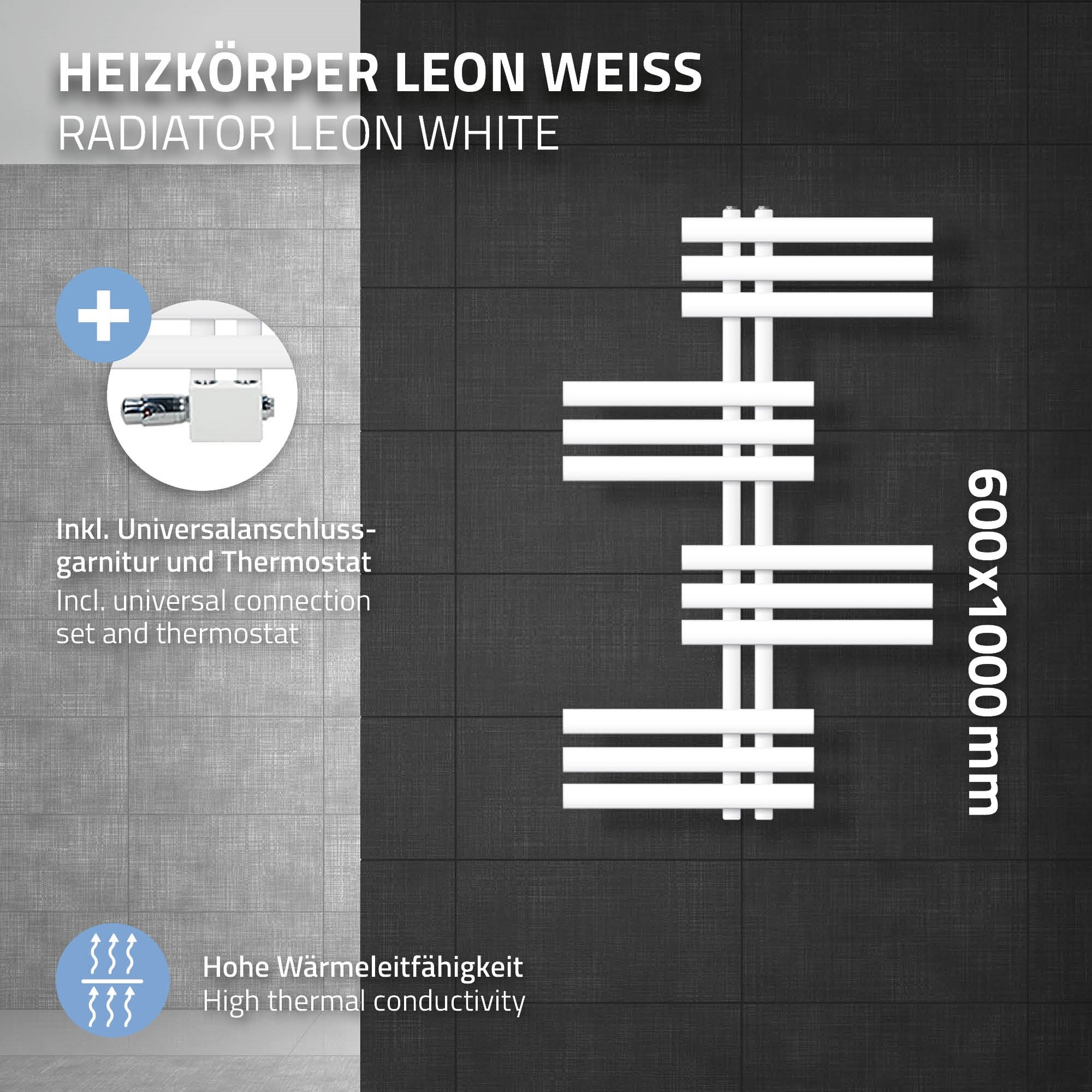 Heizkörper Leon in Weiß, 600x1000mm, mit universeller Anschlussgarnitur und Thermostat.