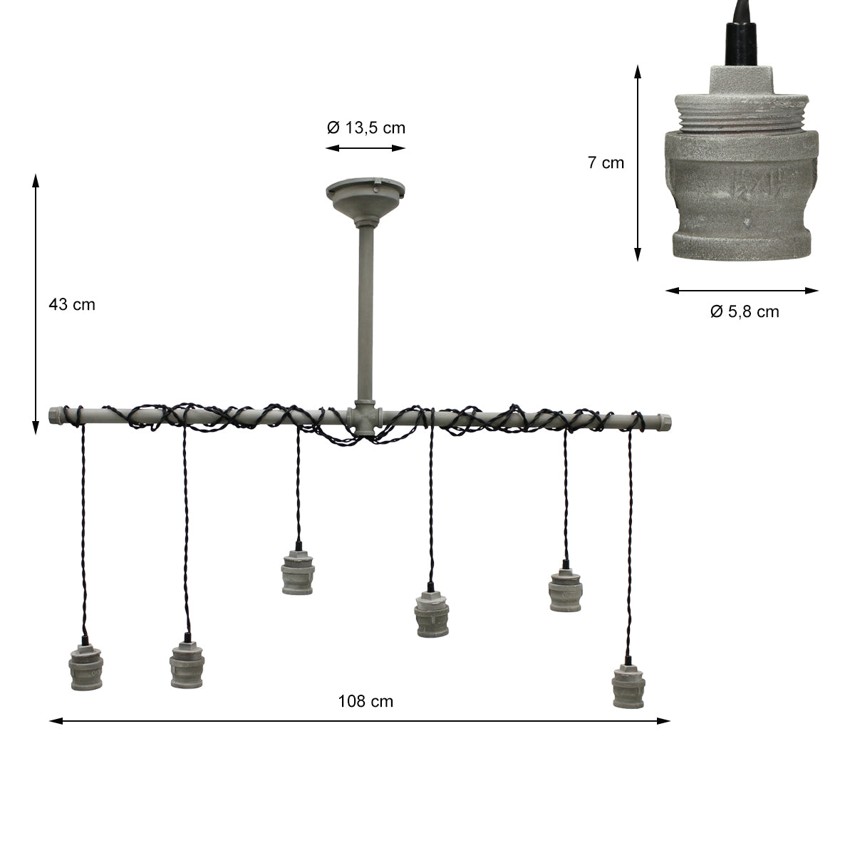 Deckenlampe mit sechs Lampenfassungen und Kabeln, Maße angegeben.