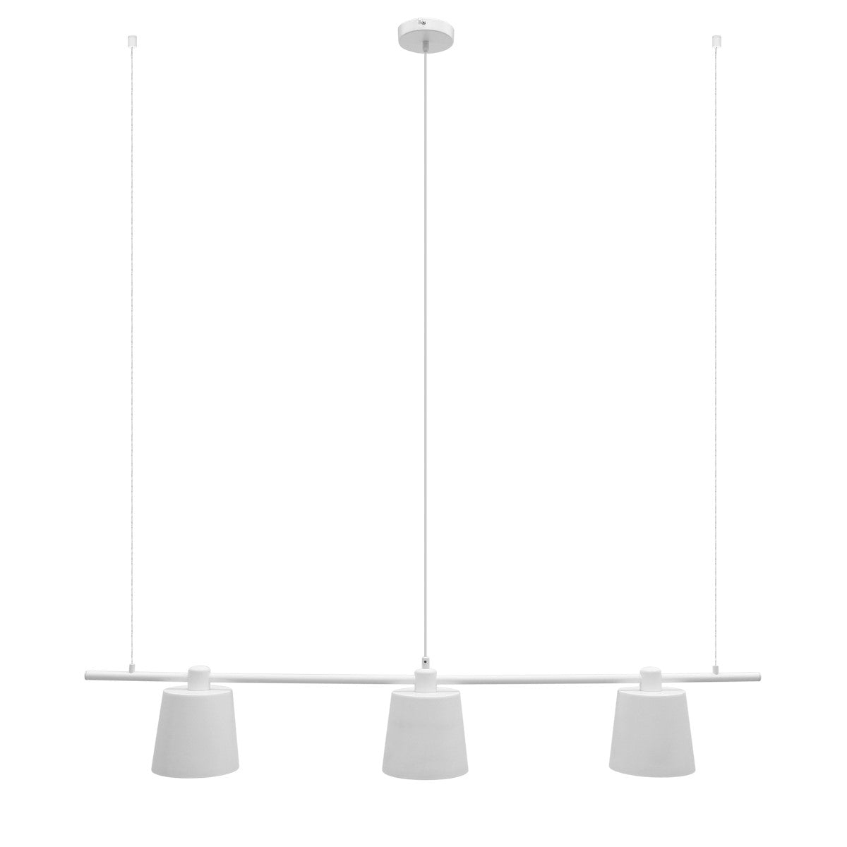 Hanglamp met drie witte lampenkappen aan een lang frame.
