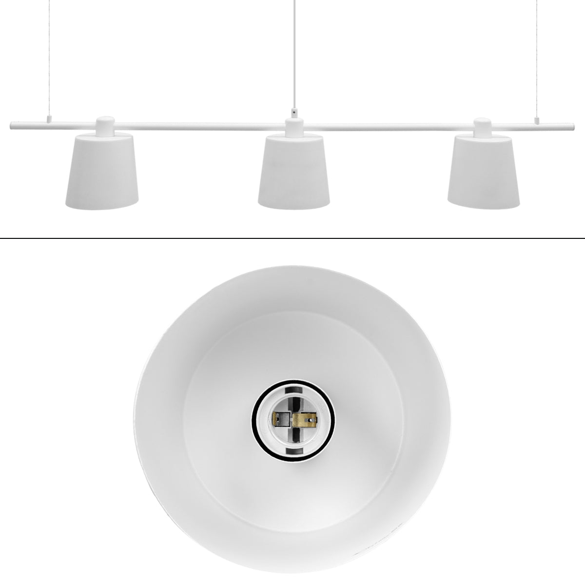 Three hanging lampshades in white, viewed from above.