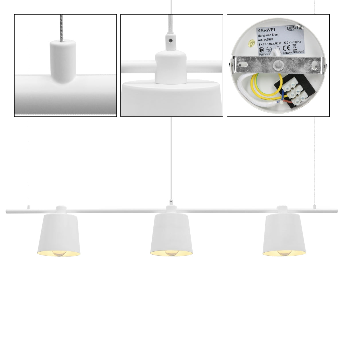 Close-up view of a white pendant light with cable connection.