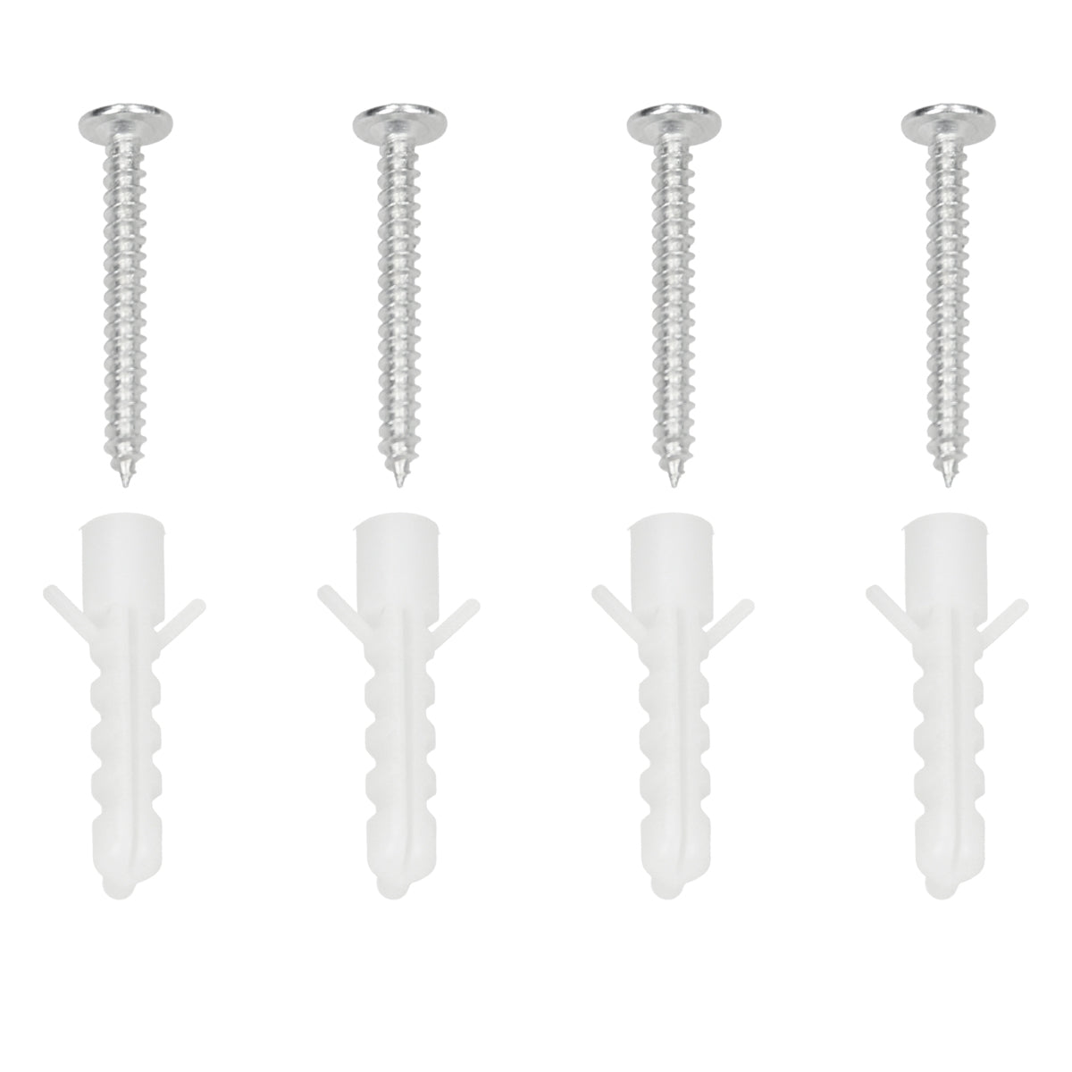 Three screws and three dowels in white color on a white background.