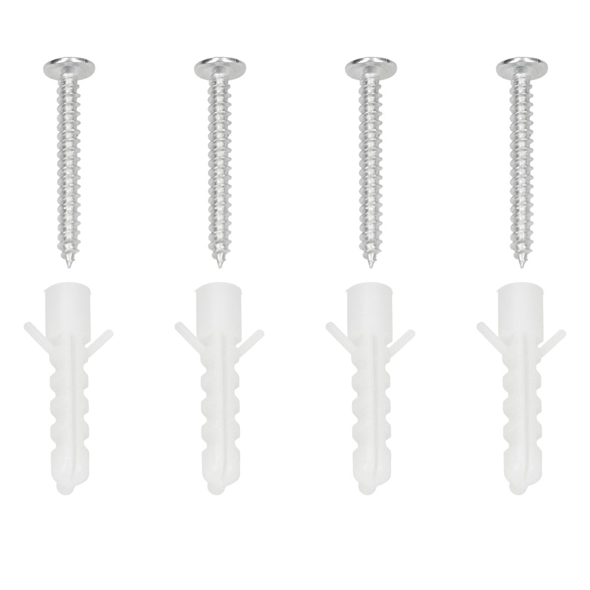 Drie witte schroeven en drie witte pluggen op een witte achtergrond.