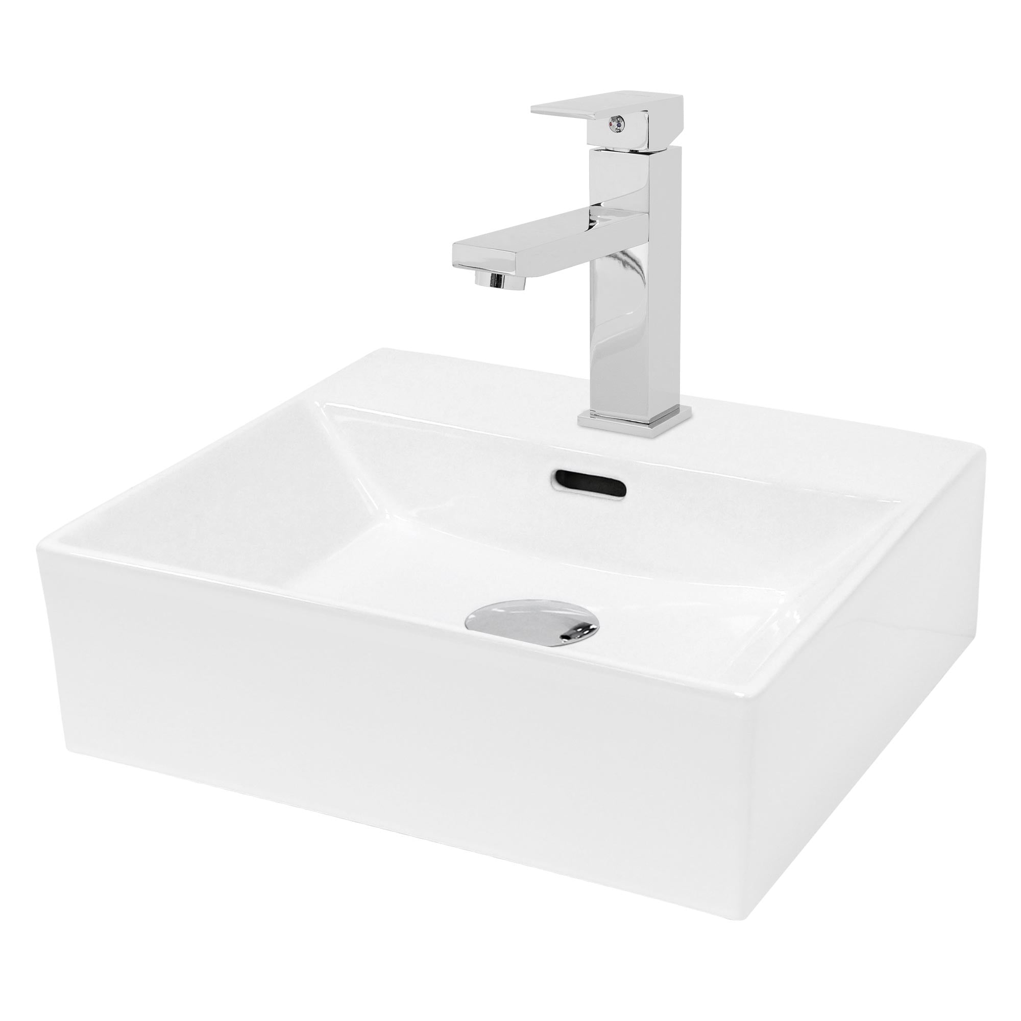 Ein quadratisches Waschbecken mit einem modernen Wasserhahn.