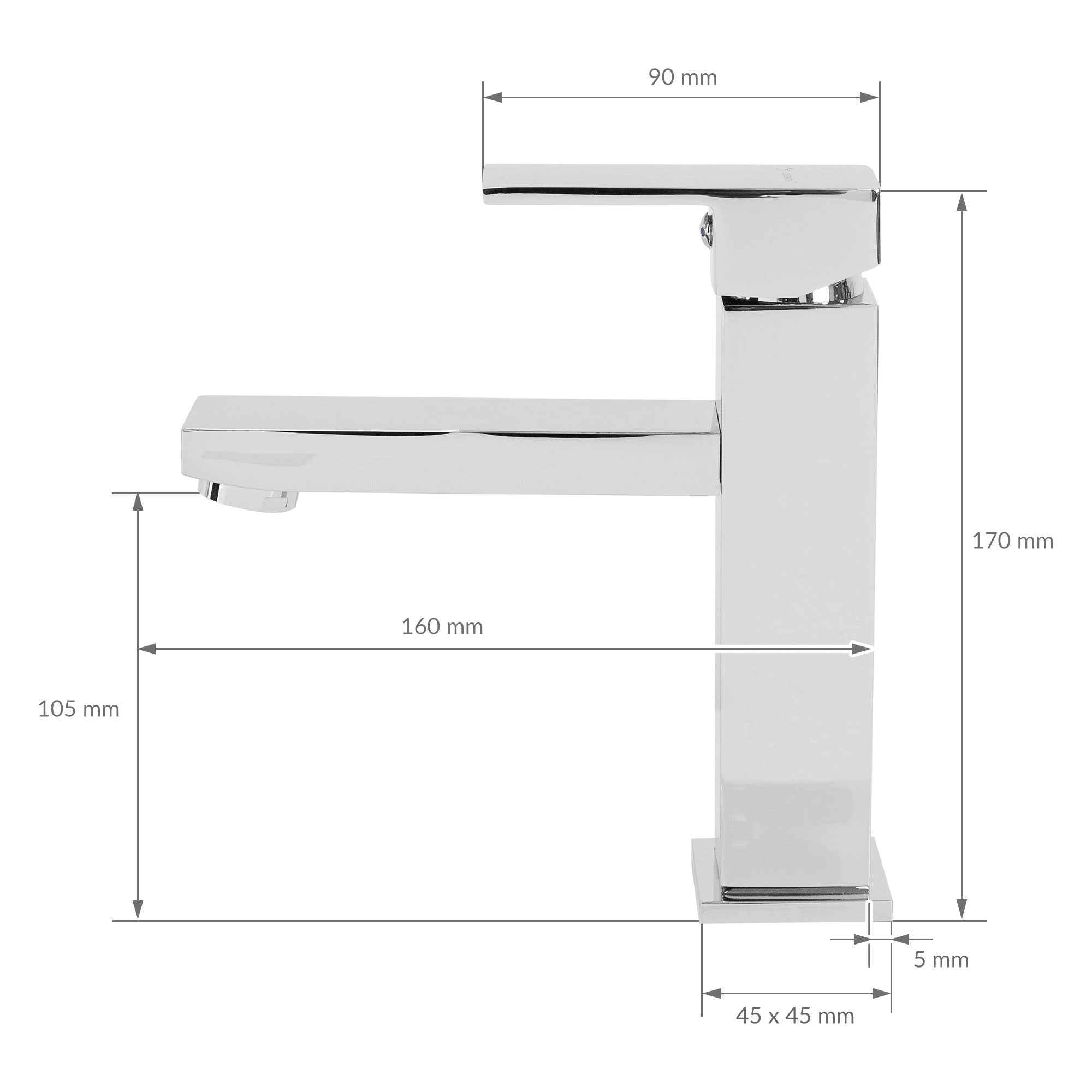 Dibujo técnico de un grifo con dimensiones en milímetros.