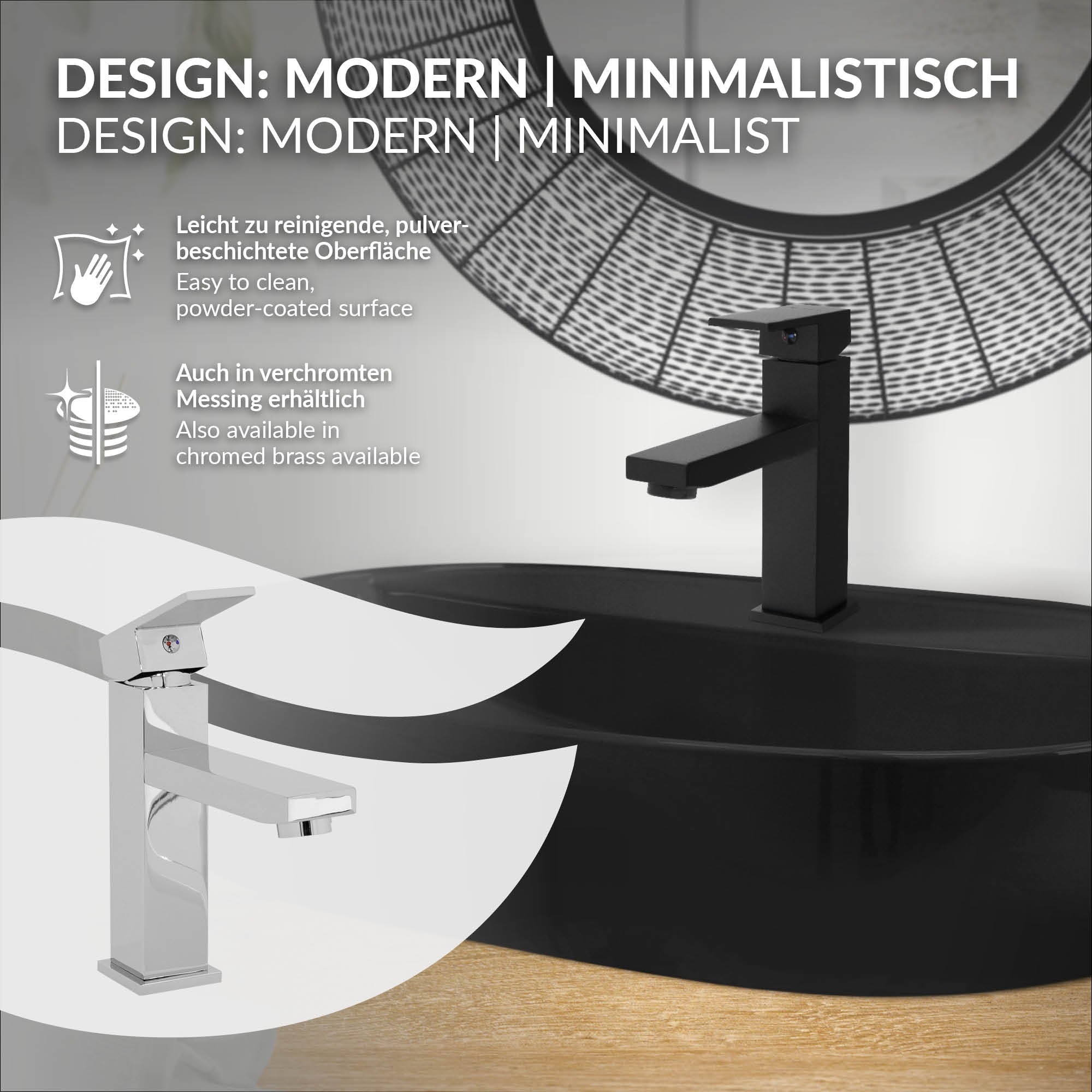 Moderne kraan in verchroomd ontwerp boven een wastafel.