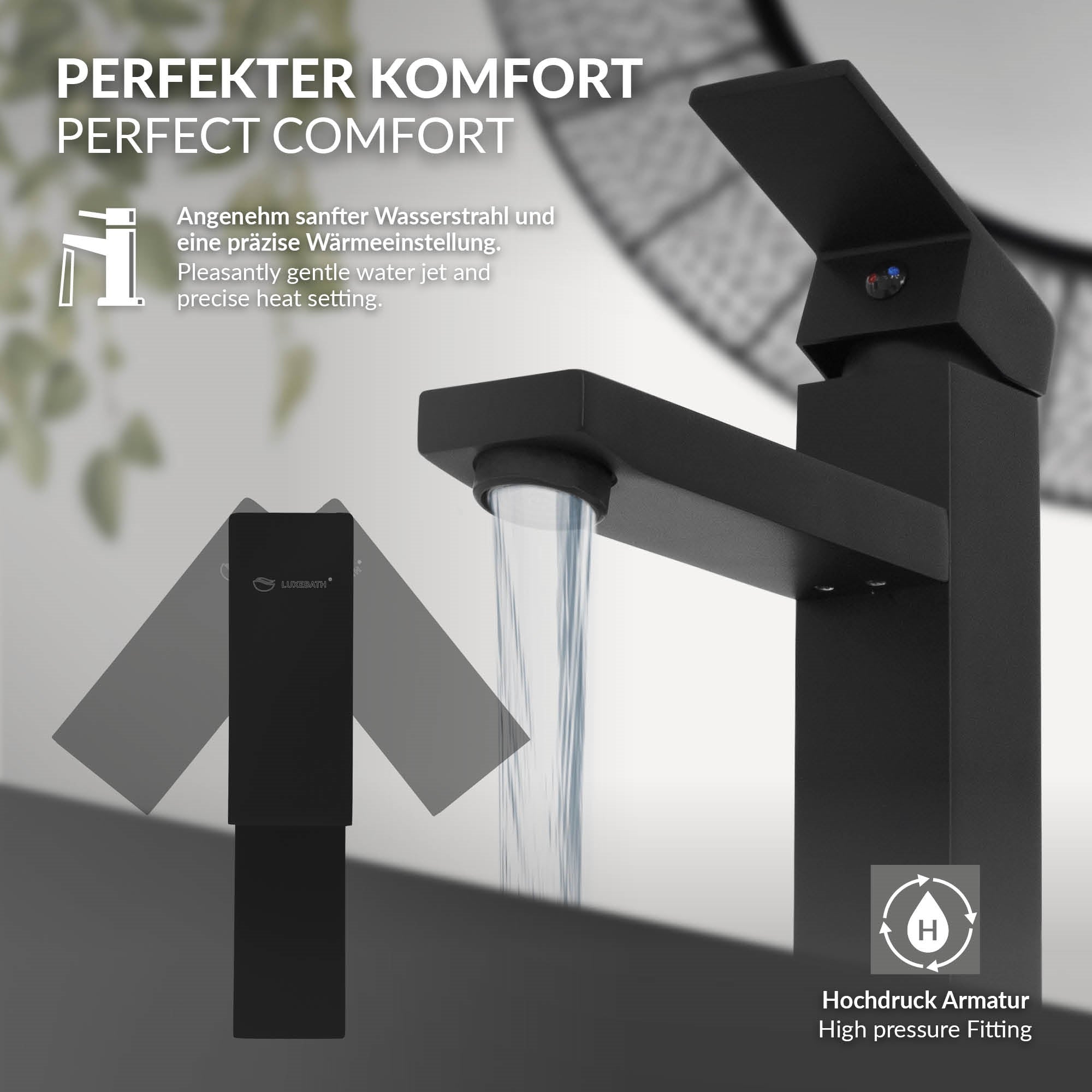 Zwarte kraan met waterstraal en beschrijving van comfort.