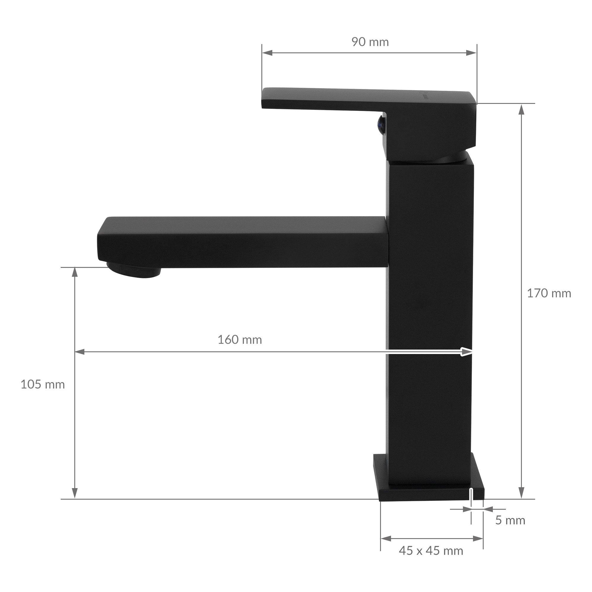 Zwarte kraan met afmetingen: 90 mm breed, 170 mm hoog, 160 mm uitloop.