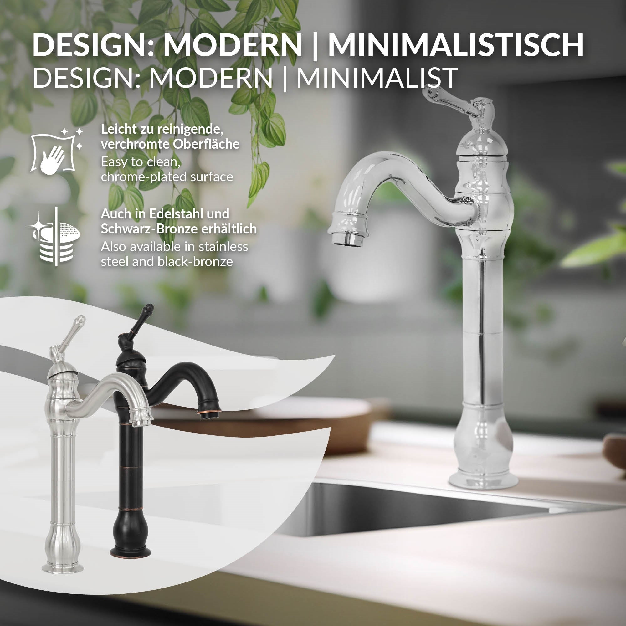 Zwei Wasserhähne in klarer und schwarzer Ausführung auf einer Küchenarbeitsplatte.