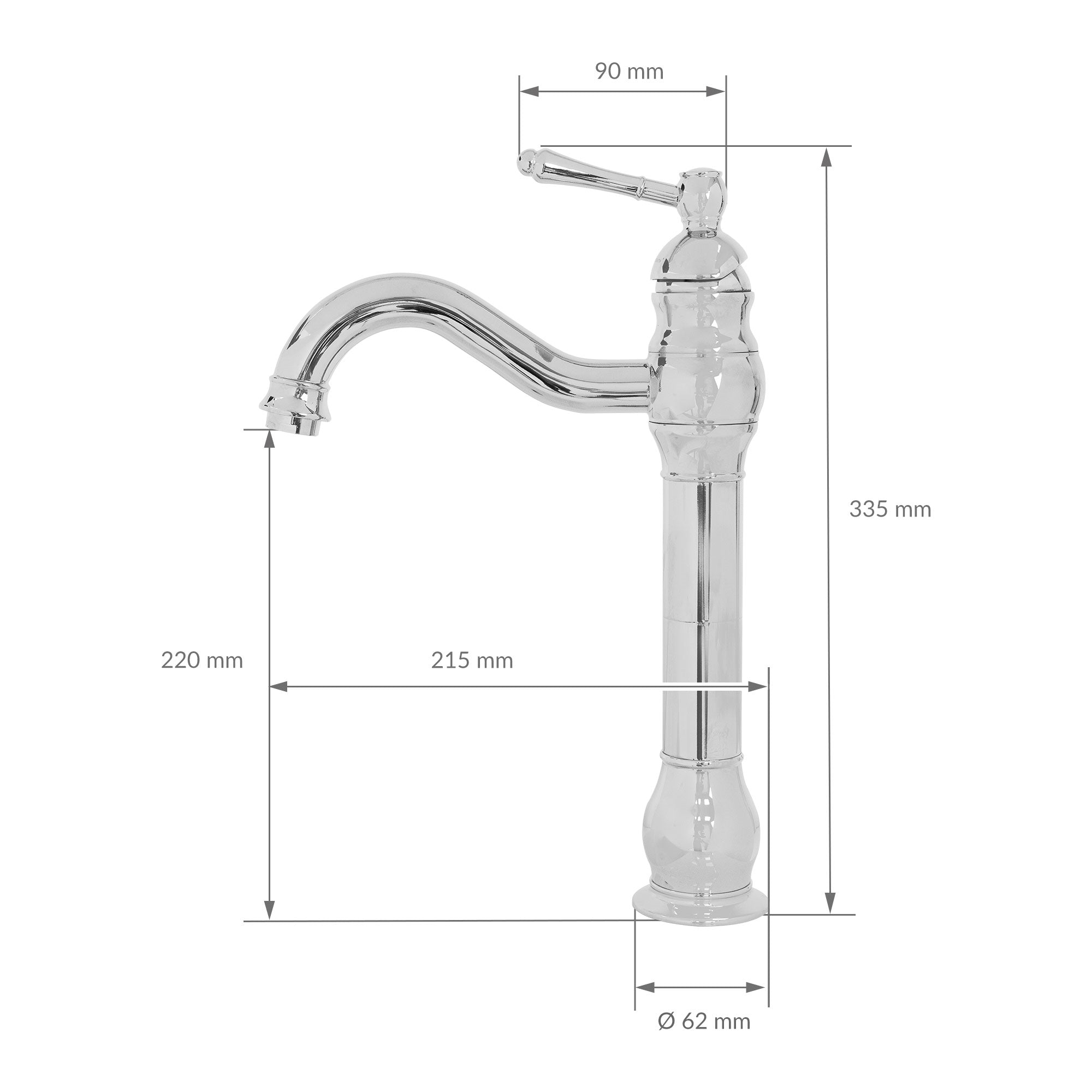 Maßzeichnung eines Wasserhahns mit Abmessungen in Millimetern.