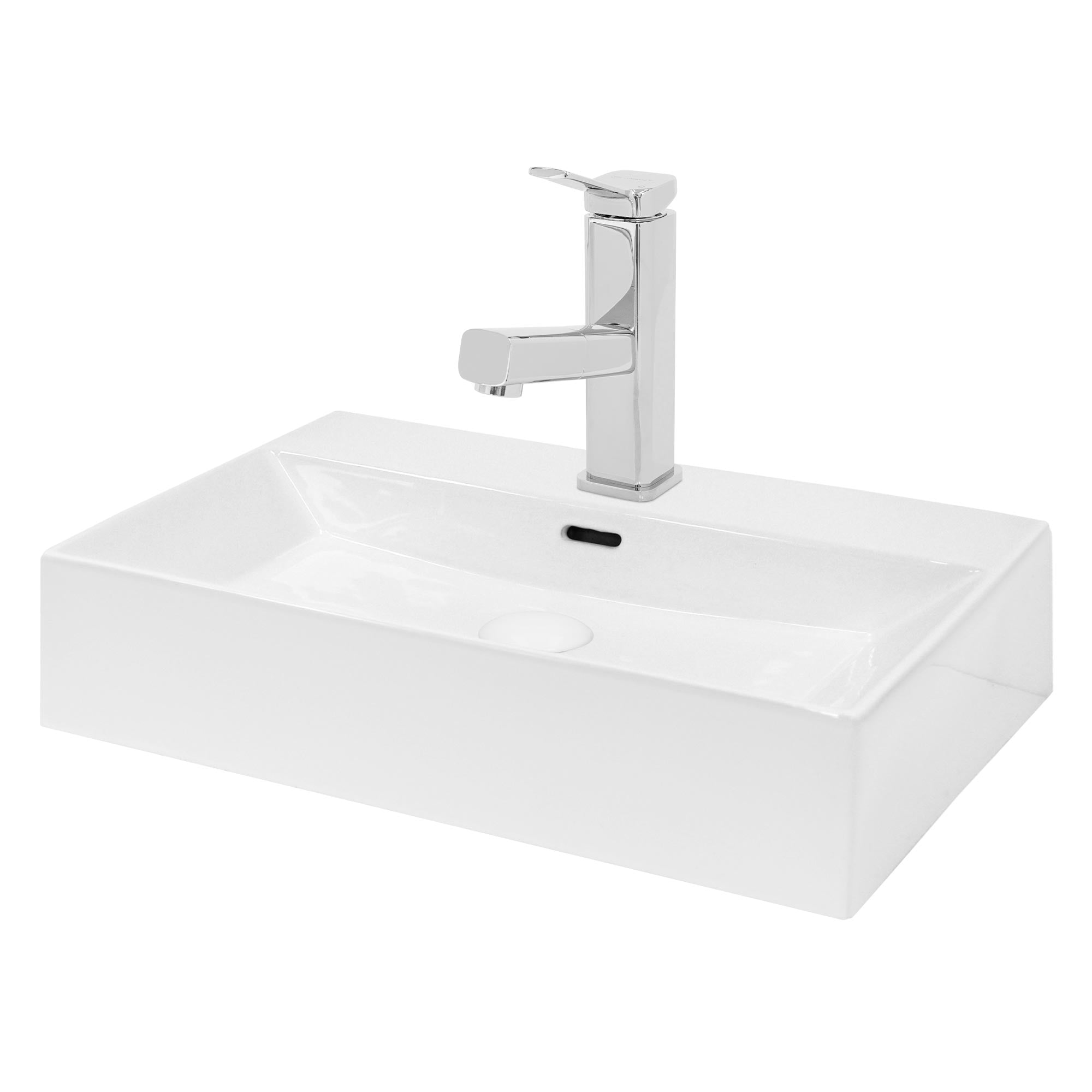 Ein quadratisches Waschbecken mit einem modernen Wasserhahn.