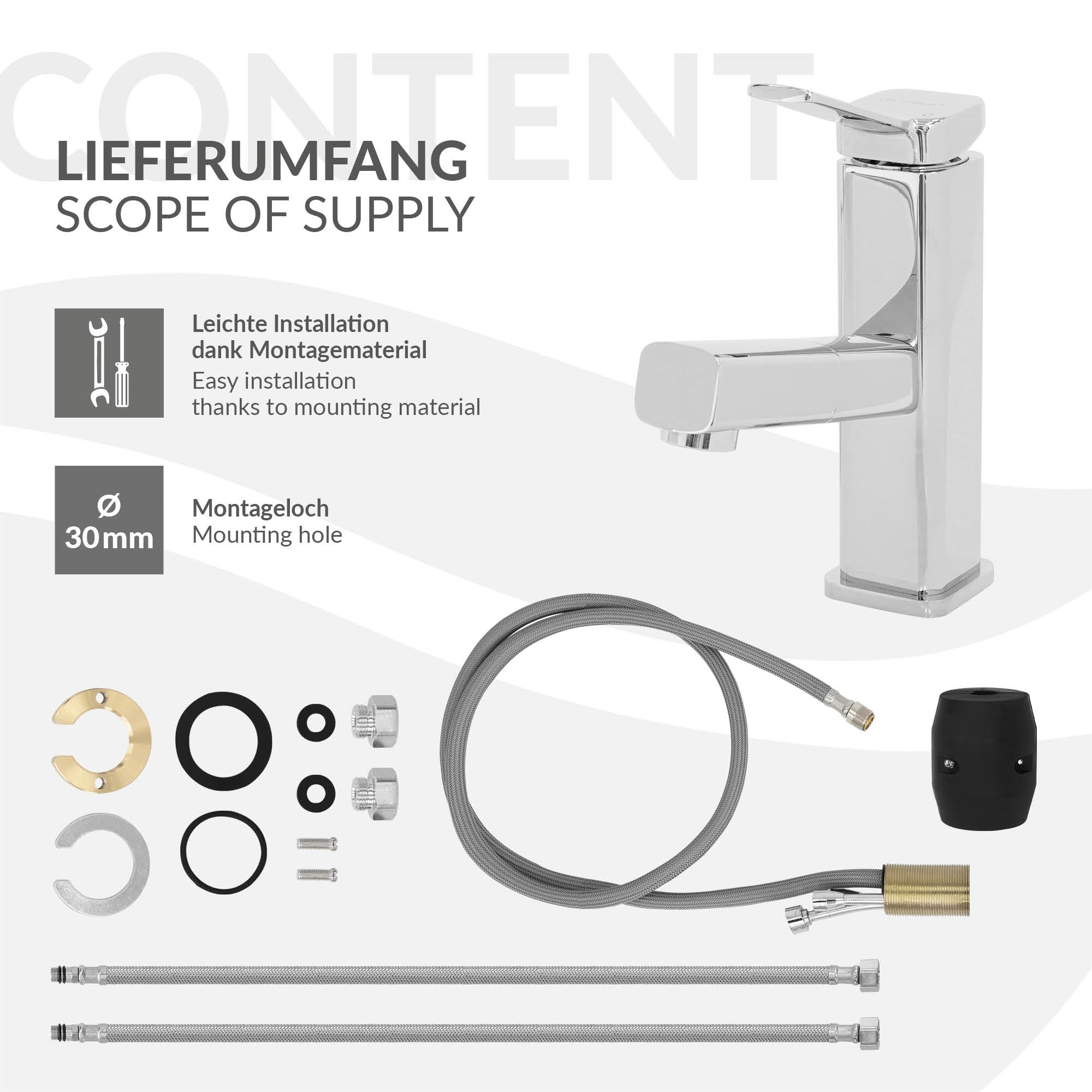 L'image montre une installation de robinet avec accessoires sur fond blanc.