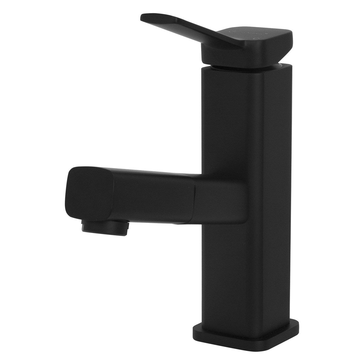 Černá vodovodní baterie v minimalistickém provedení bez dalších prvků.