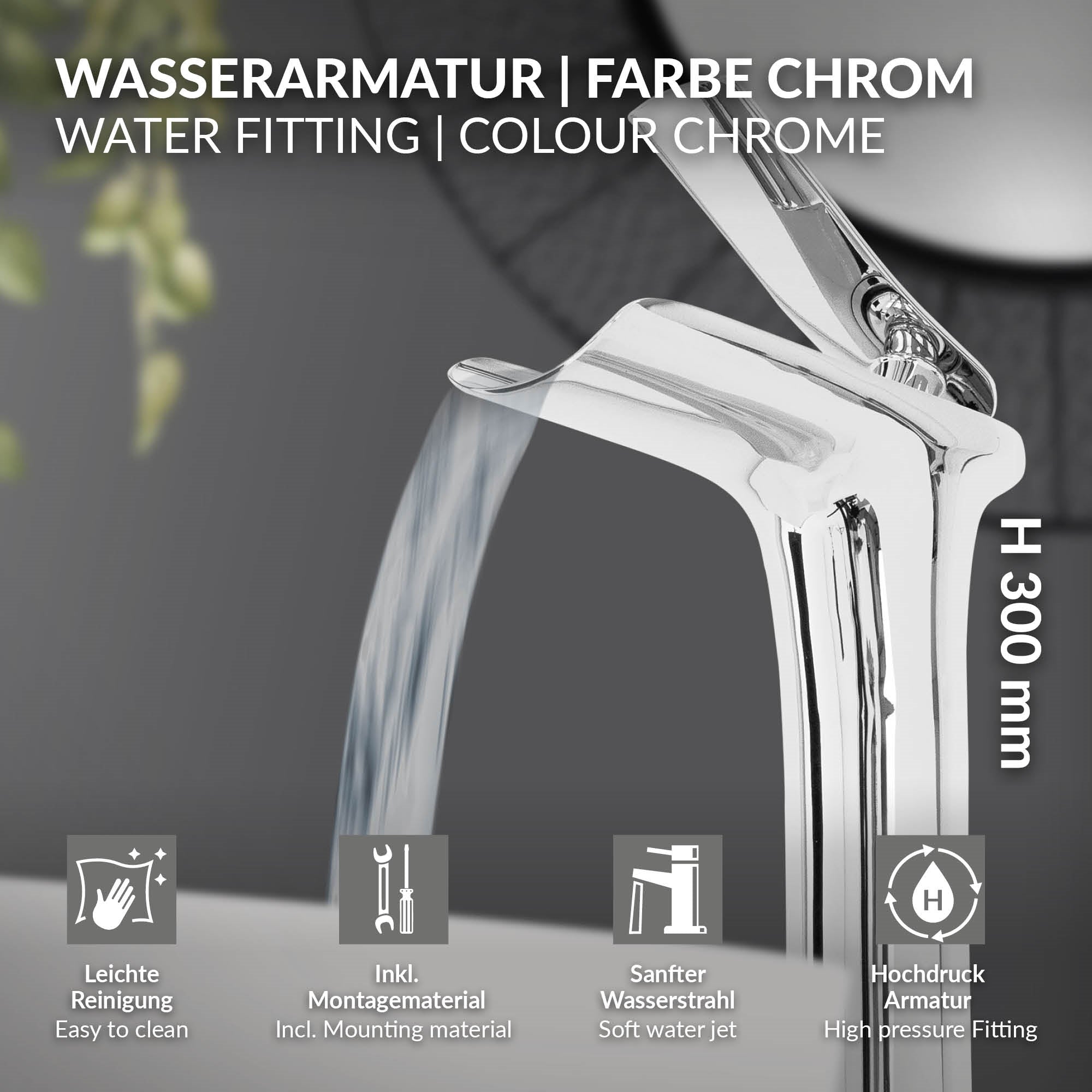 Wasserarmatur in Chromfarbe mit Wasserfluss, Höhe 300 mm.