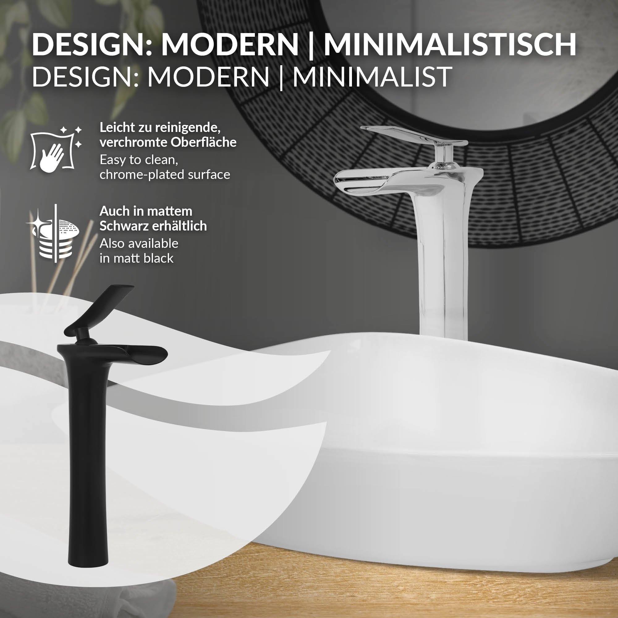 Moderne Armatur in mattem Schwarz und verchromter Oberfläche.