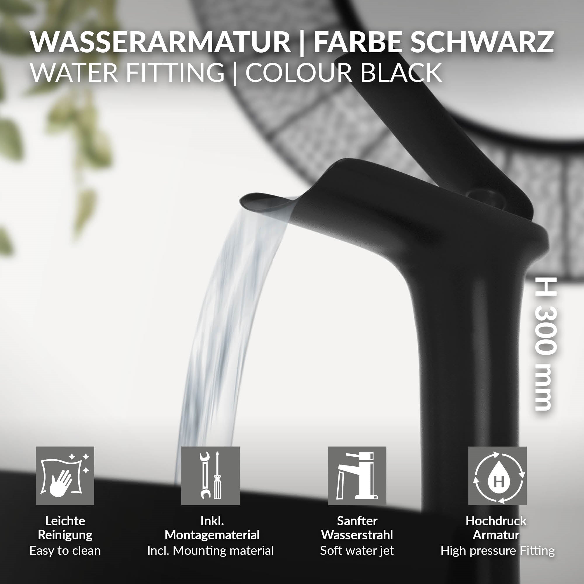 Ein schwarzer Wasserhahn mit Wasserstrahl, Informationen zur Höhe und Reinigung sind angeg