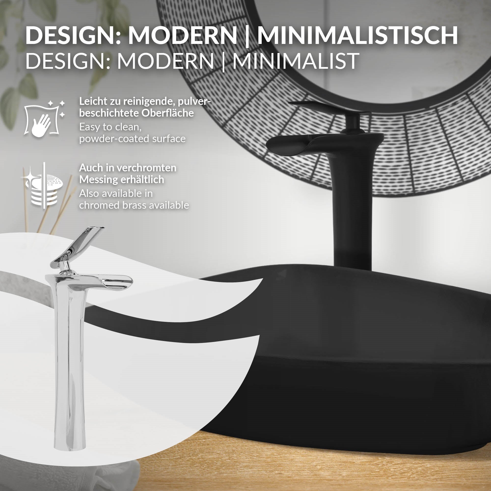 Moderne Armatur in glänzendem Silber über einem schwarzen Waschbecken.