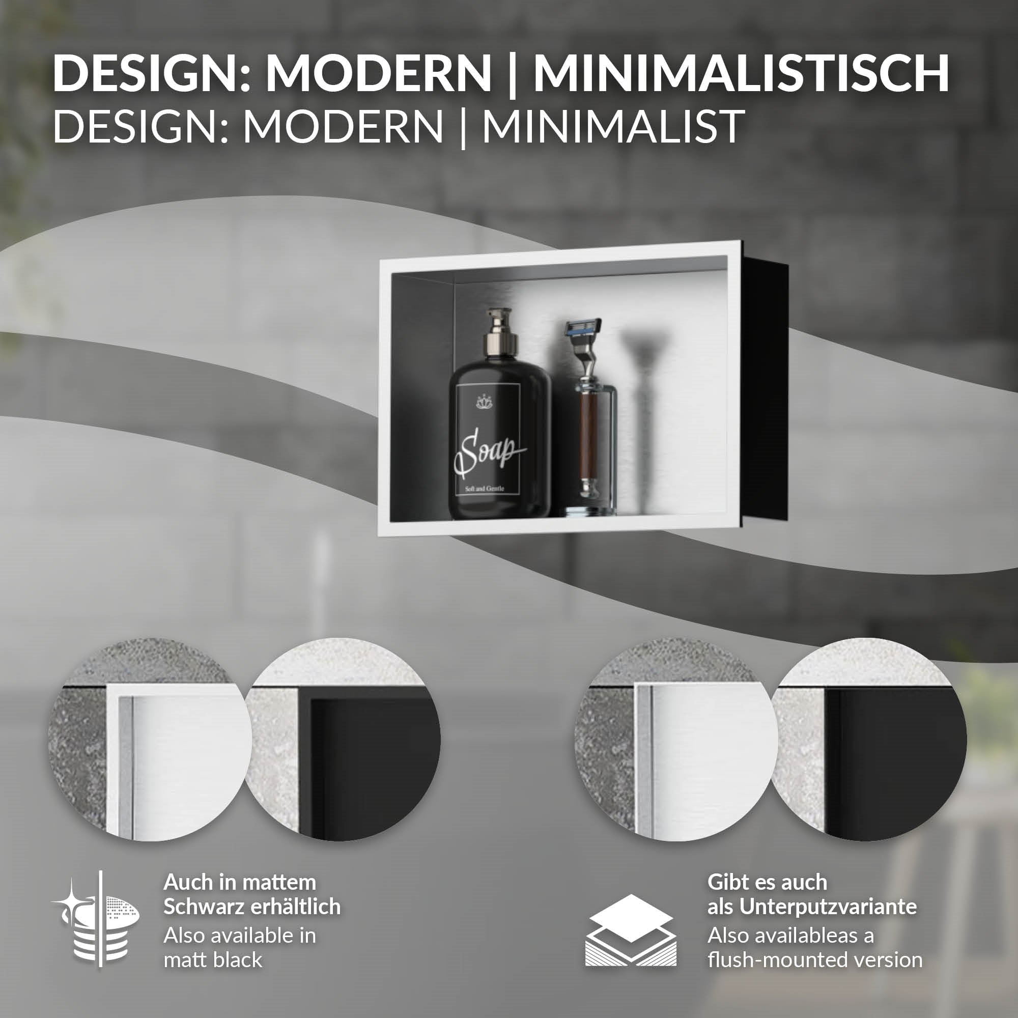 Ein modernes, minimalistisches Wandregal mit Seife und zwei Farbvarianten in Schwarz und W