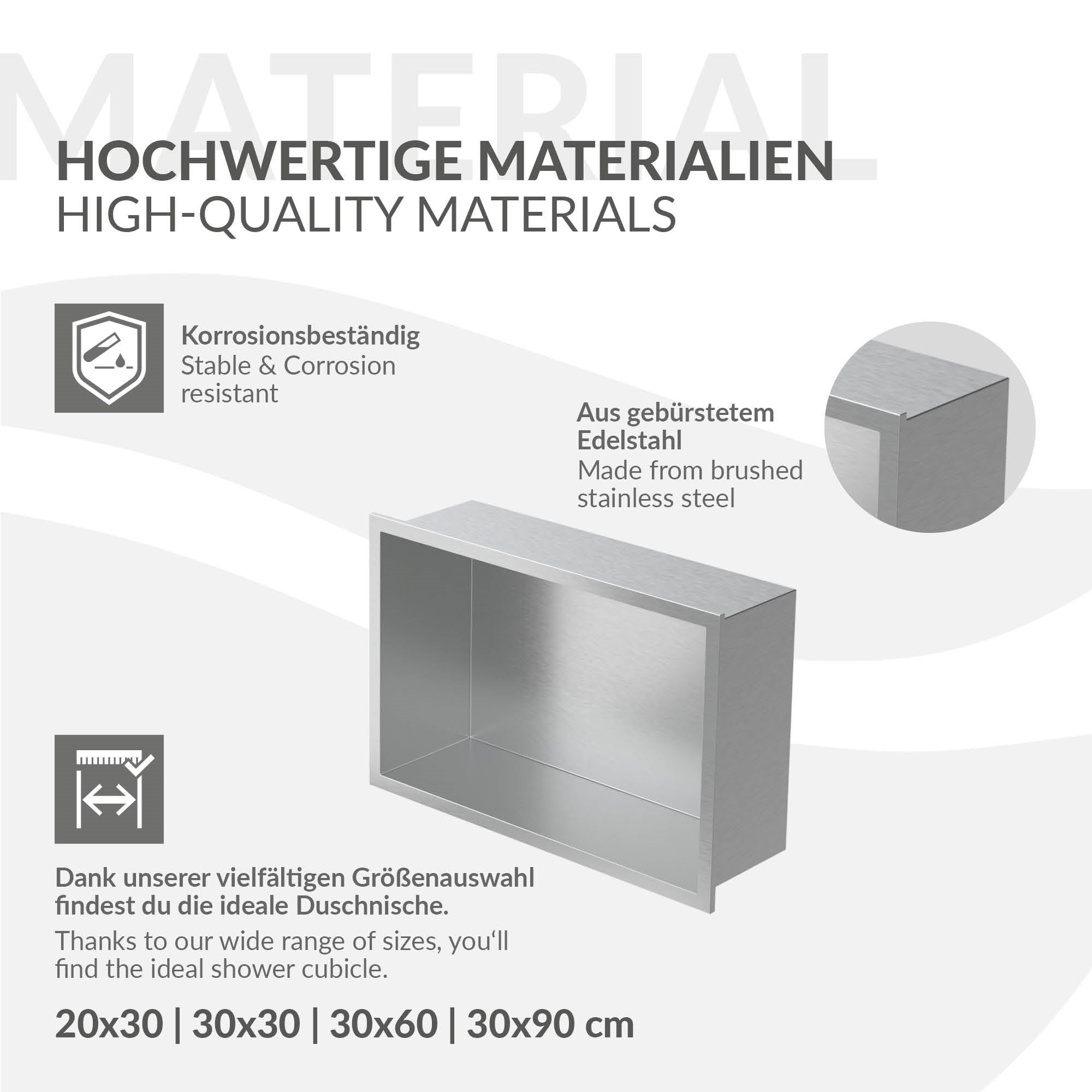 Grafik mit Informationen zu hochwertigen Materialien und Größen.