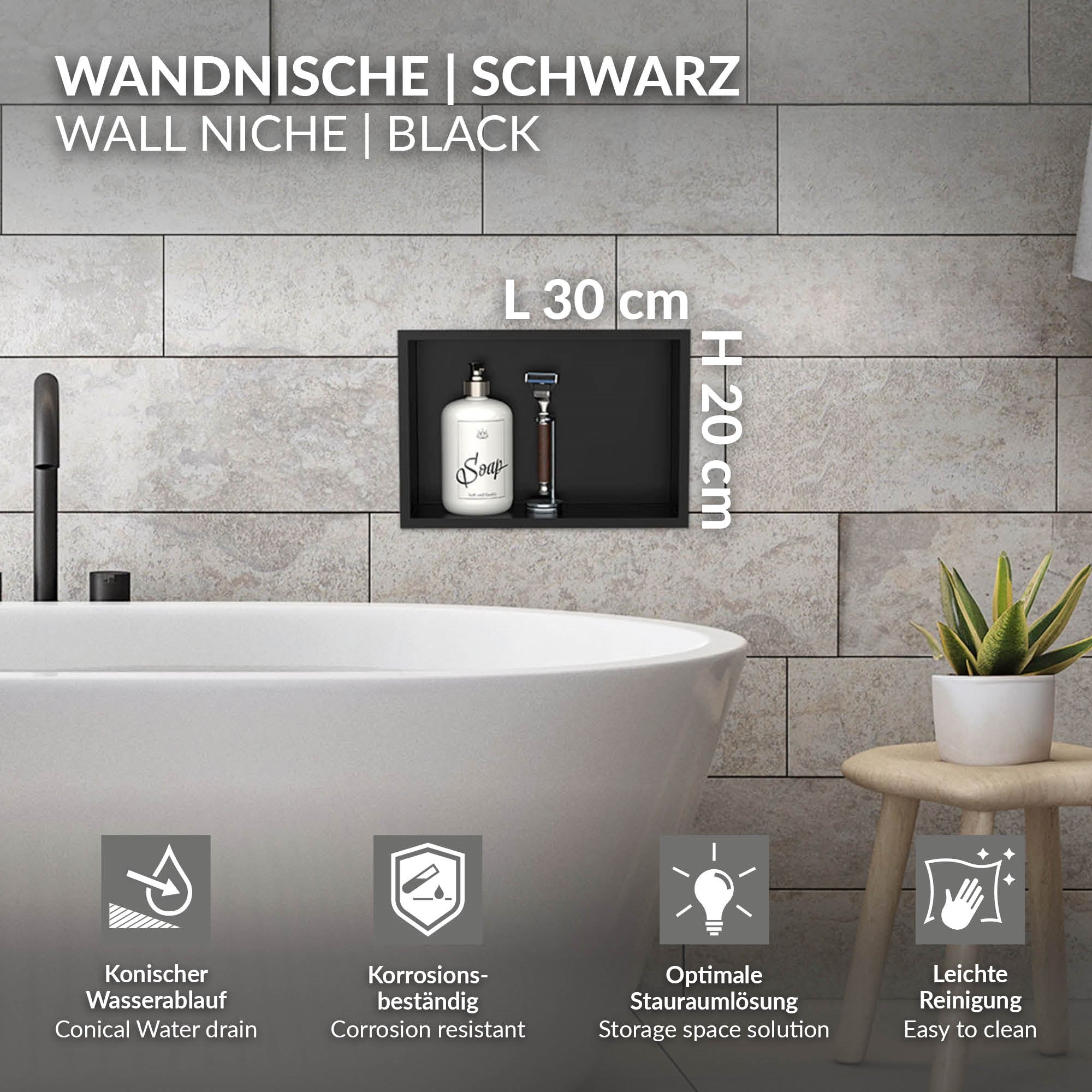 Wandnische in Schwarz mit Abmessungen und Symbolen für Eigenschaften.