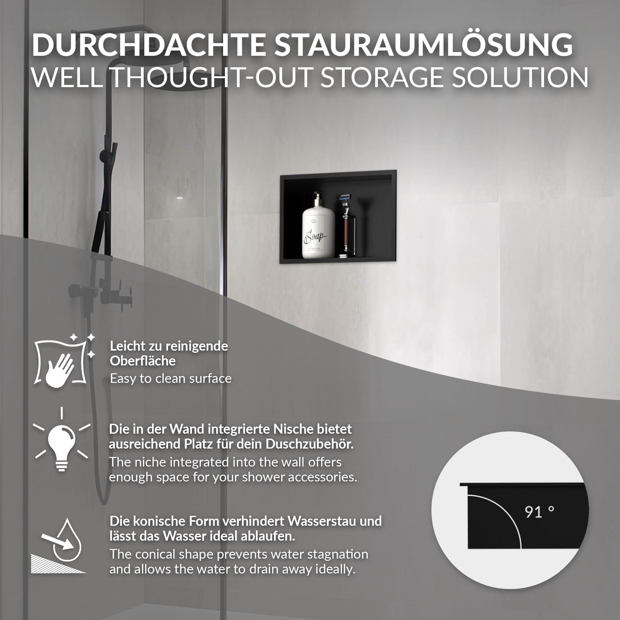 Grafik zur durchdachten Stauraumlösung in einer Dusche mit Nische und Wasserabfluss.