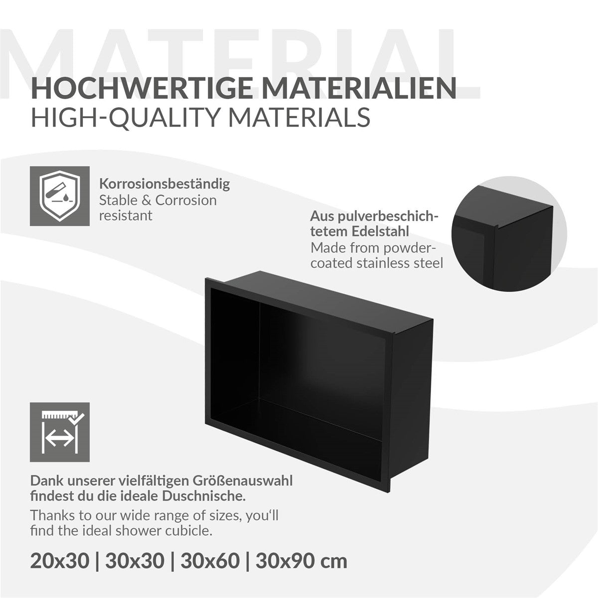 Graphic of high-quality materials for shower shelves, with dimensions.