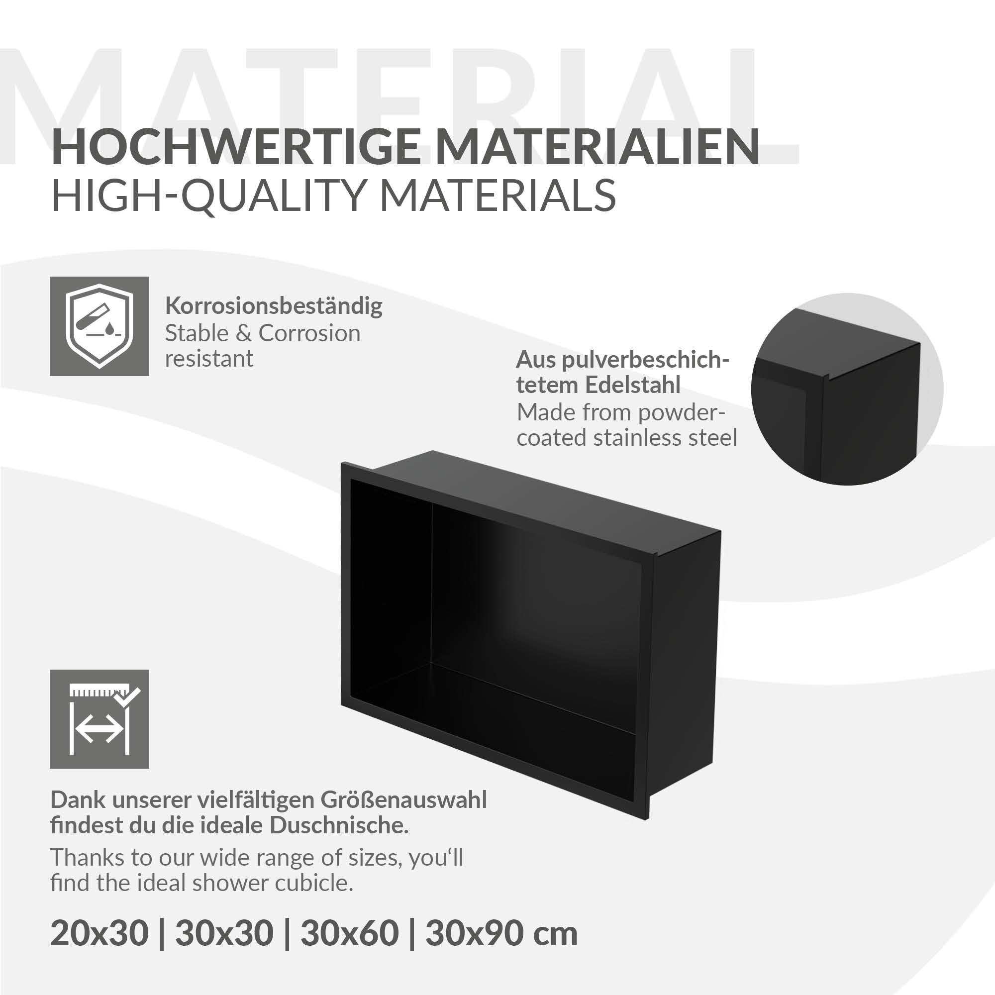 Grafik zu hochwertigen Materialien für Duschregale, mit Abmessungen.
