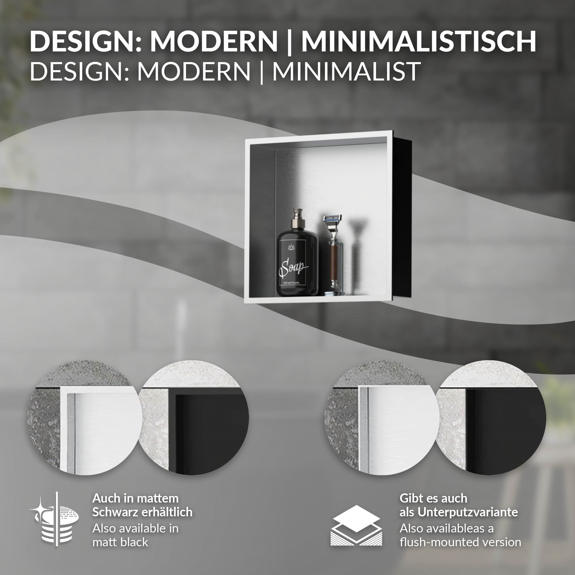 Wandnische in Edelstahl, modern und minimalistisch gestaltet.