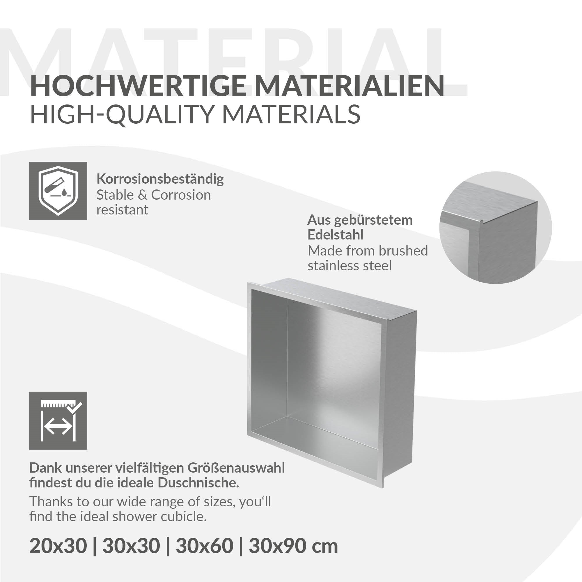Ein graues Metallregal mit verschiedenen Größenoptionen und einem Symbol für Materialien.