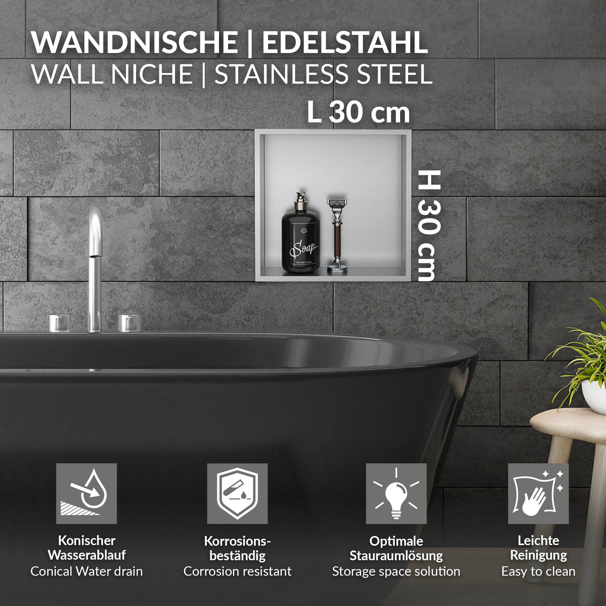 Wandnische aus Edelstahl mit zwei Pflegeprodukten in einem modernen Badezimmer.