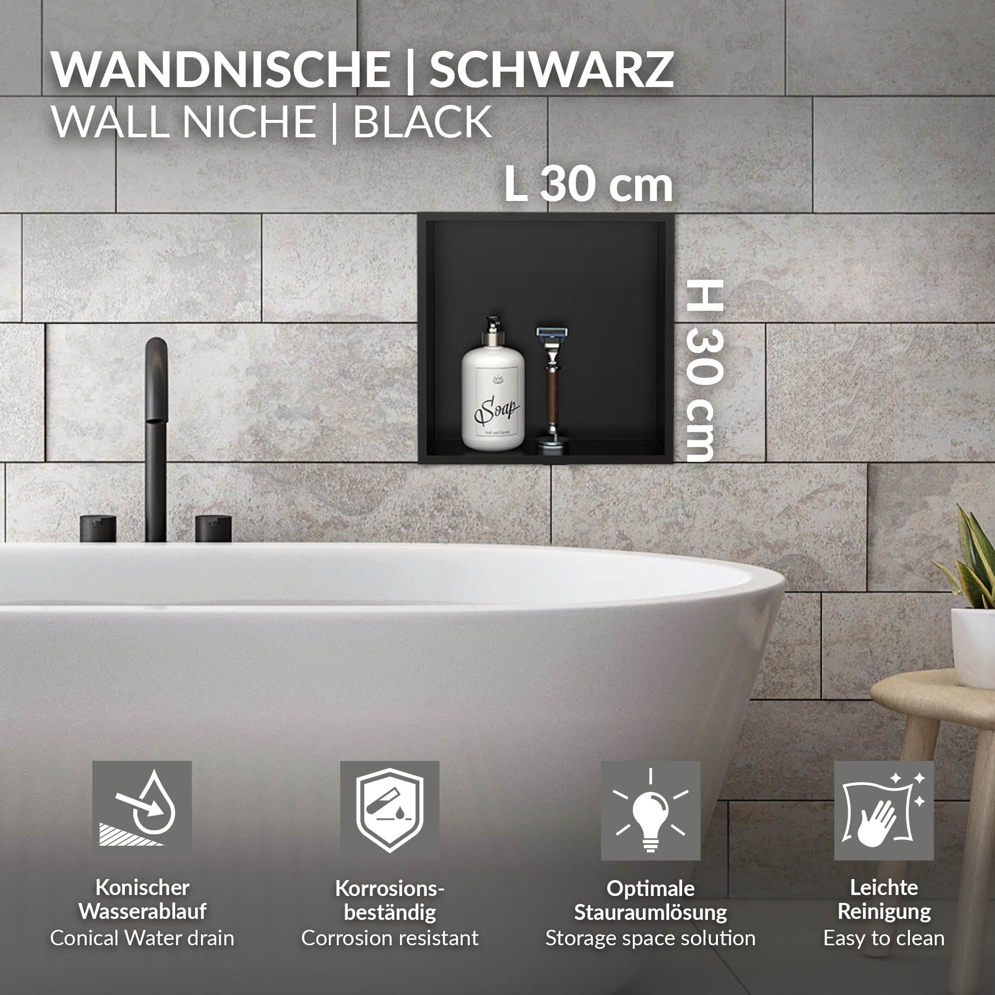 Produktinformation zur schwarzen Wandnische mit Abmessungen.