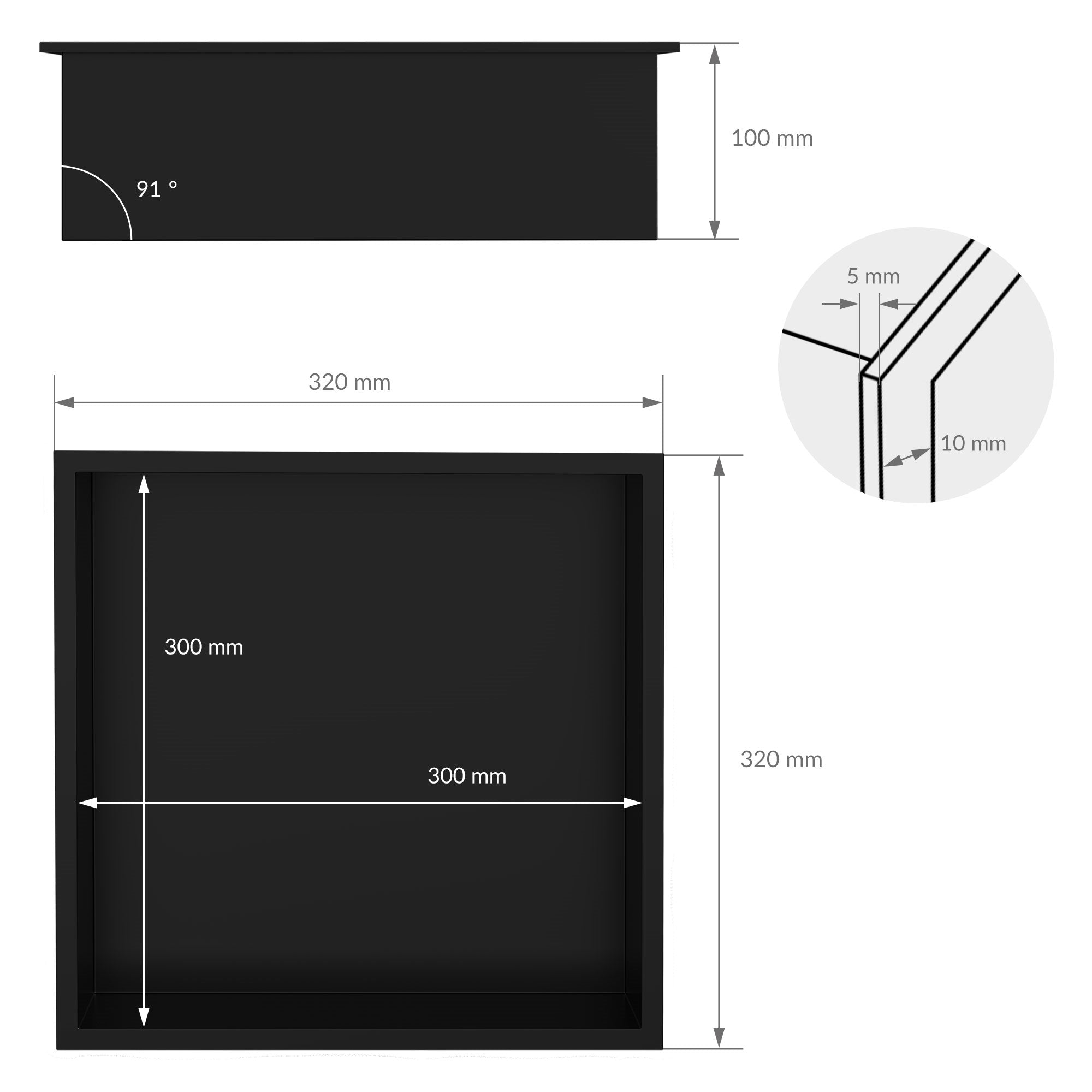 Technische Zeichnung eines quadratischen Regals mit Maßen in Millimetern.