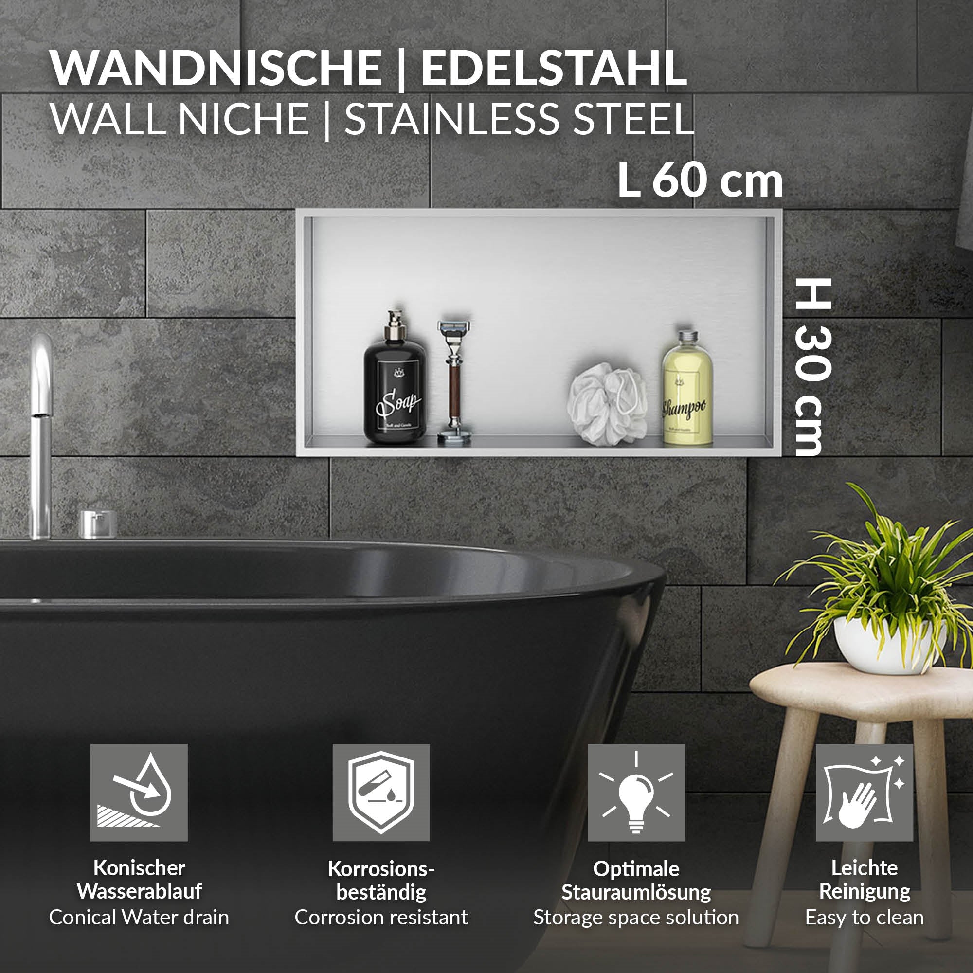 Edelstahl-Wandnische über einer Badewanne, mit Pflegeprodukten.