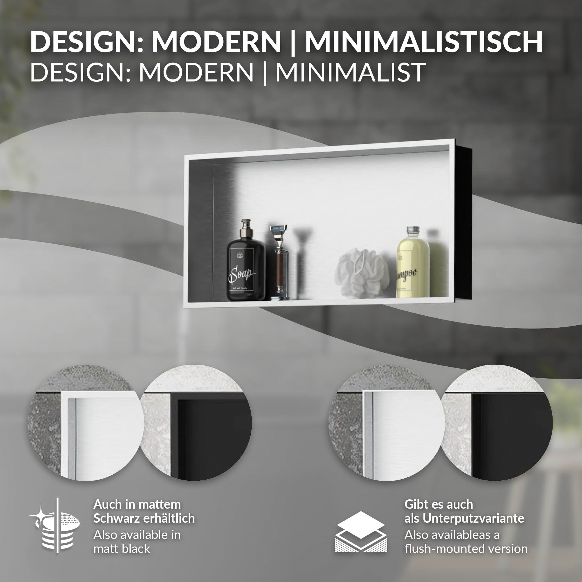 Ein modernes, minimalistisches Regal mit Seife und Rasierer in schwarzem Design.