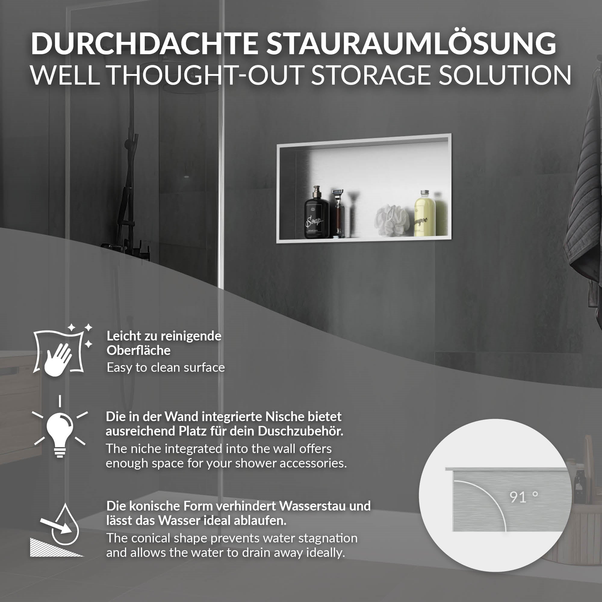 Beschreibung einer durchdachten Stauraumlösung mit Nische in der Wand.