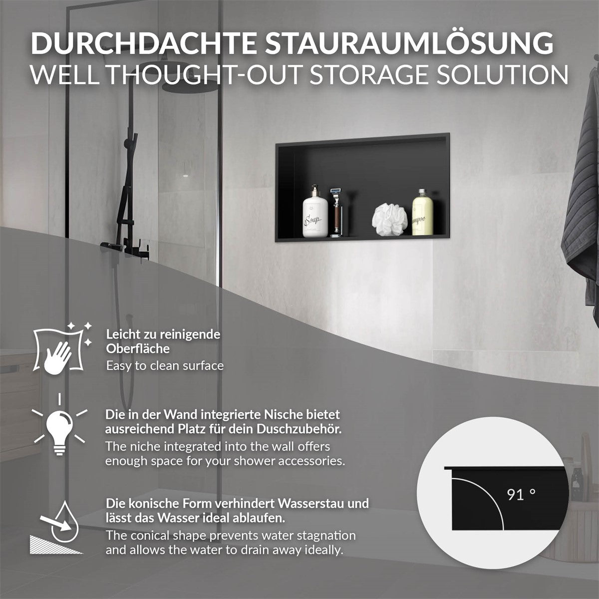 Infographie présentant des informations sur la solution de rangement dans l’espace douche.