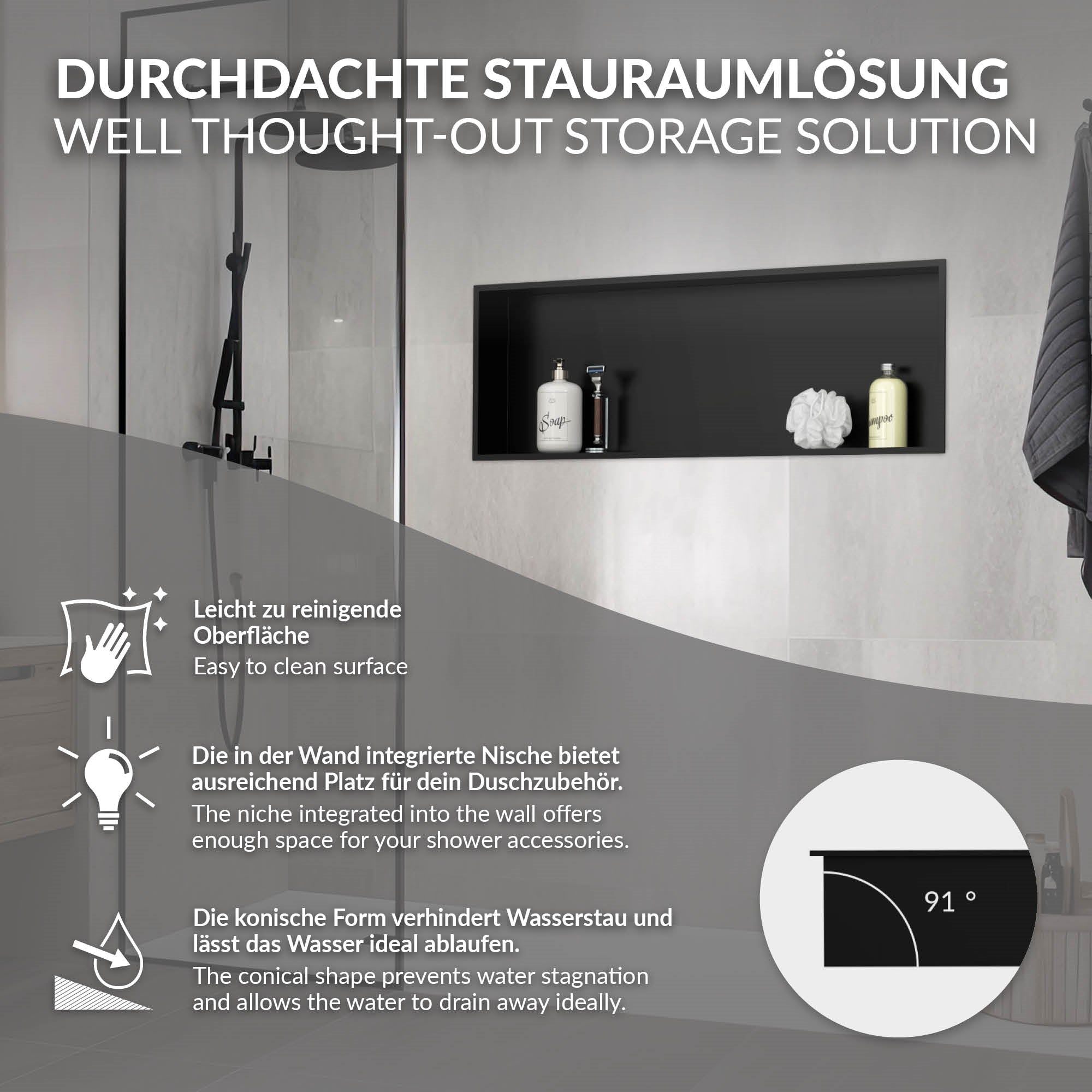 Wandnische mit Pflegeprodukten in einem modernen Badezimmer.