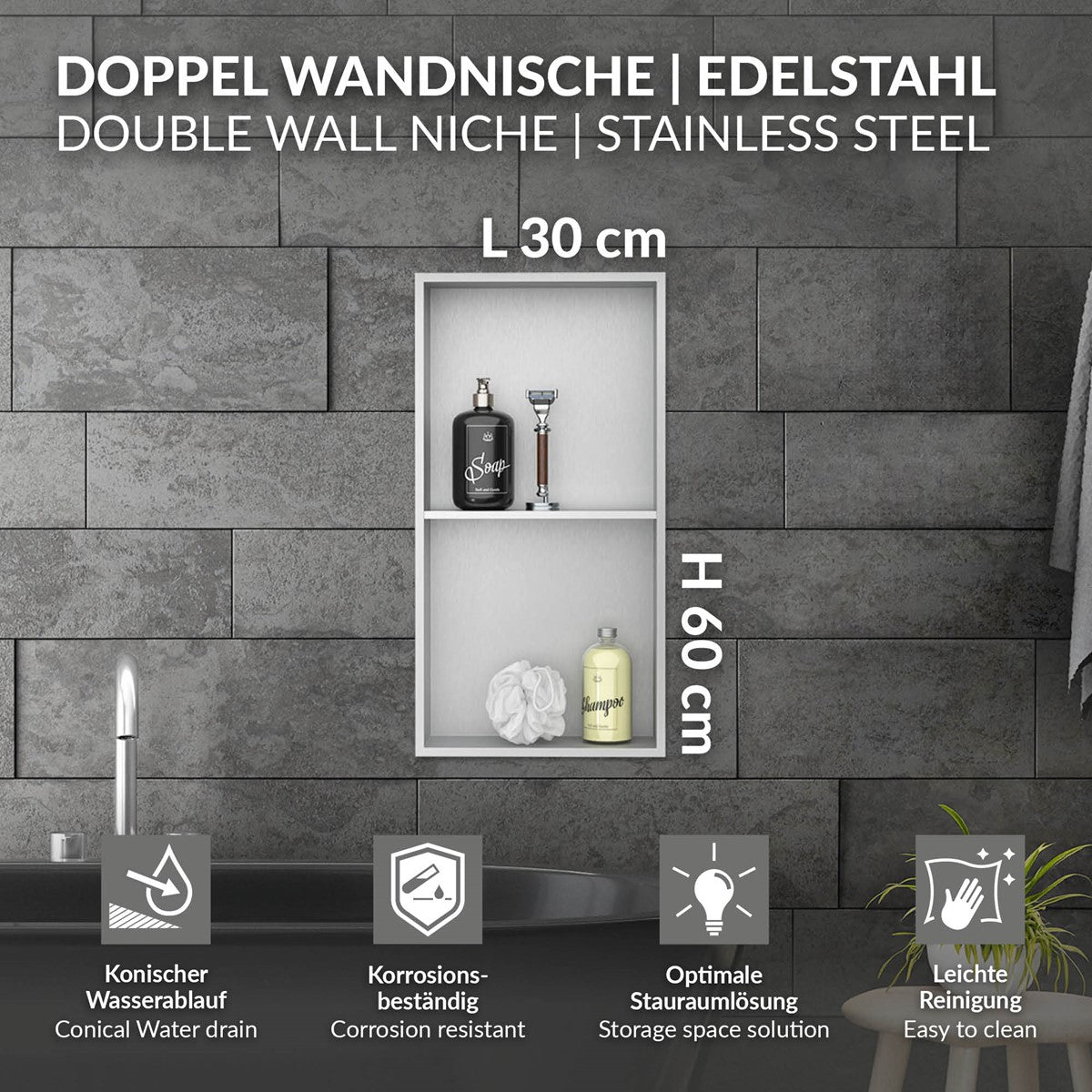 Doppelte Wandnische aus Edelstahl mit Abmessungen und Beschreibung.