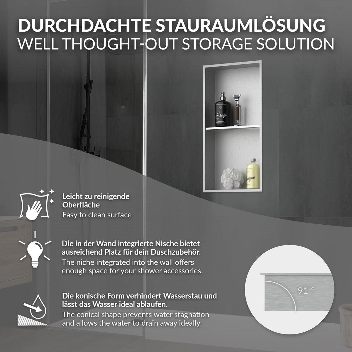 Grafik mit Informationen zu einer durchdachten Staurlösung im Badezimmer.