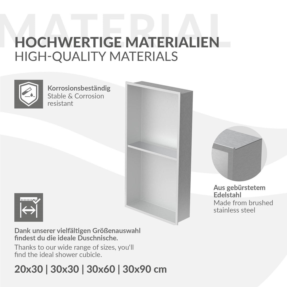Grafik über hochwertige Materialien für Duschregale aus Edelstahl.