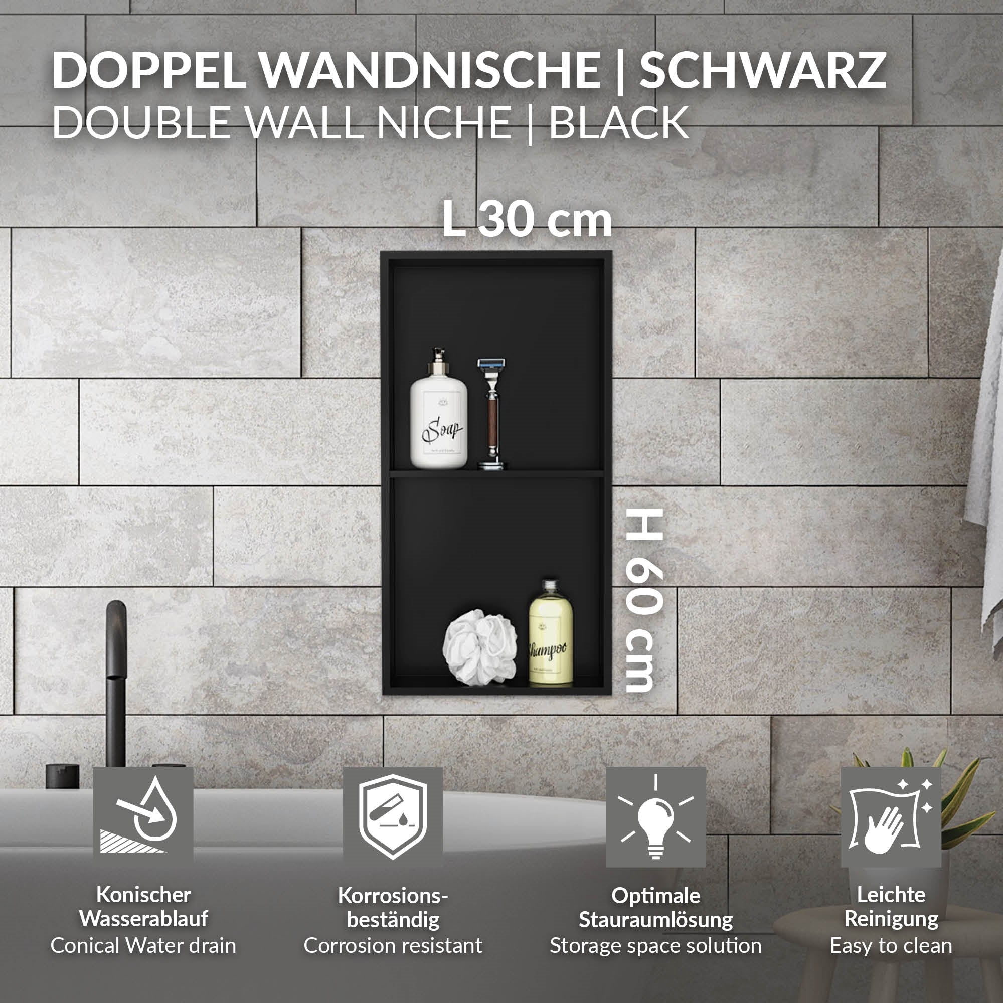 Grafik zu einer doppelten Wandnische in Schwarz mit Abmessungen und Eigenschaften.