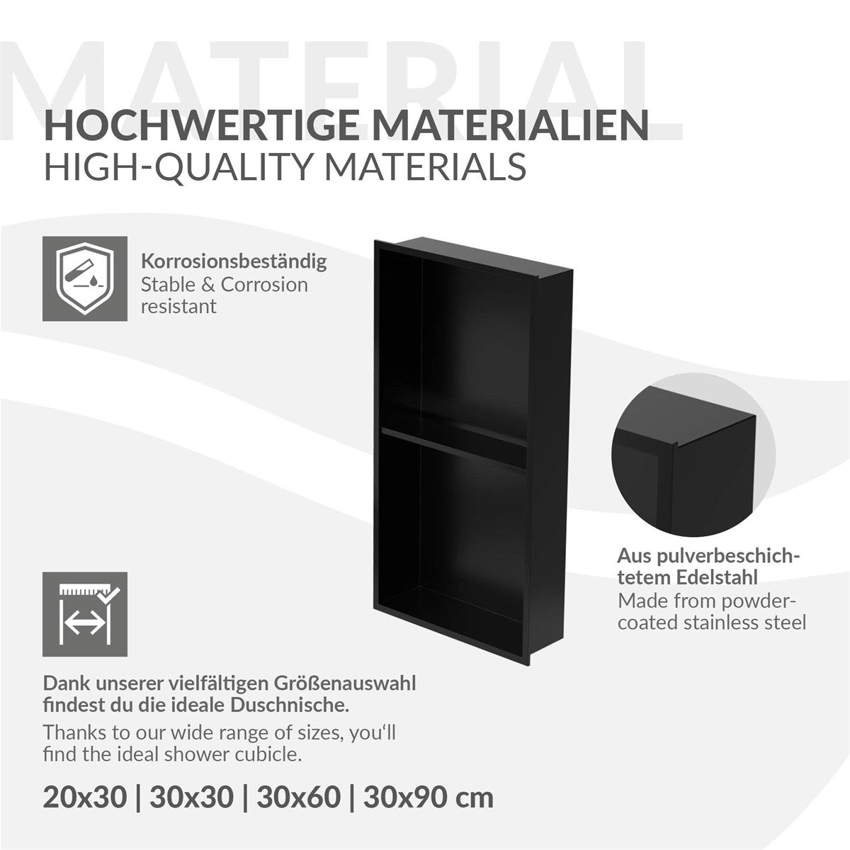 Afbeelding met informatie over hoogwaardige materialen en afmetingen.