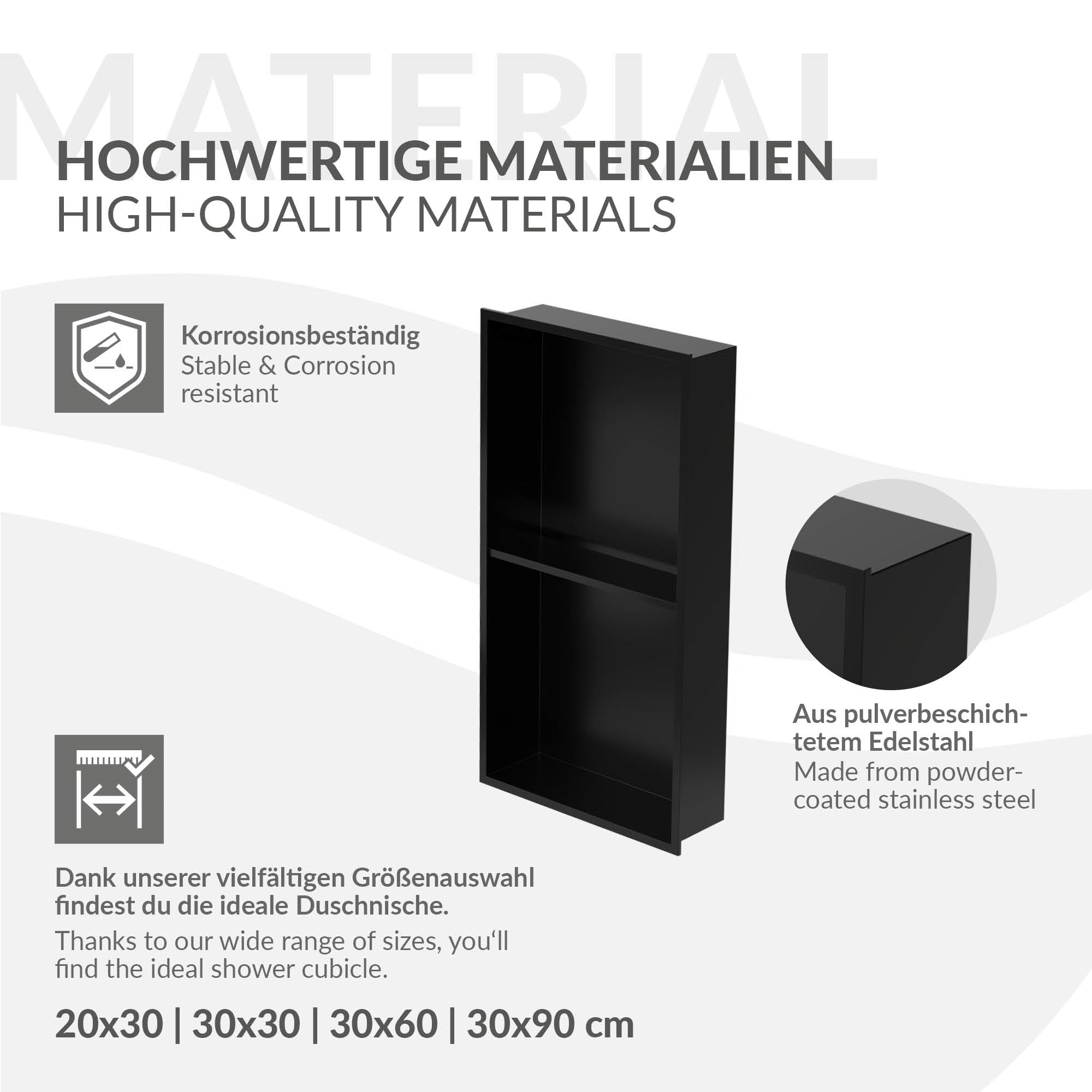 Grafik mit Informationen zu hochwertigen Materialien und Größenangaben.